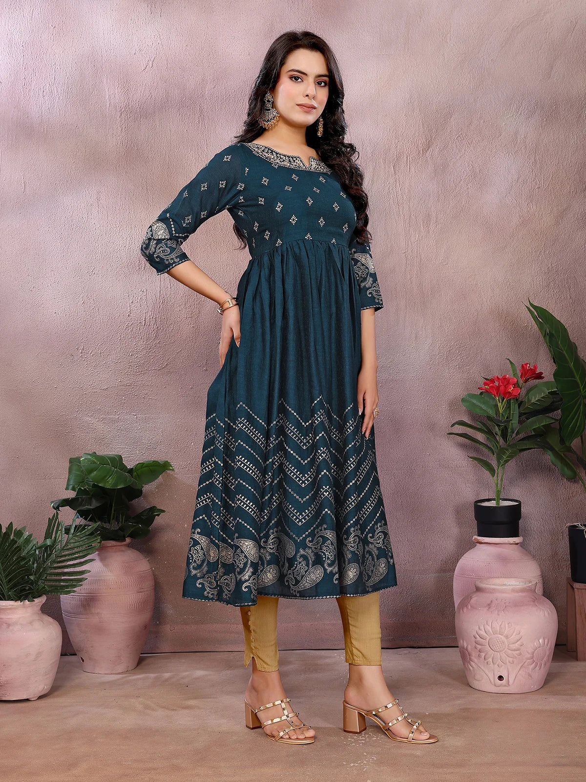 Buy Polyester Printed Anarkali Calf Length Kurta-Teal