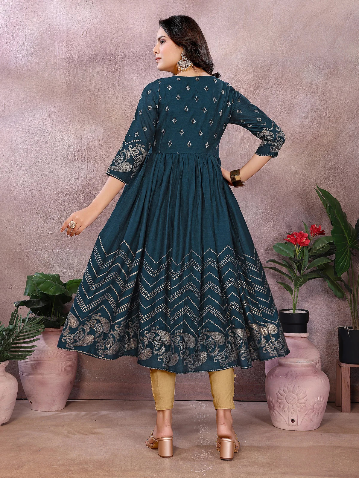 Buy Polyester Printed Anarkali Calf Length Kurta-Teal