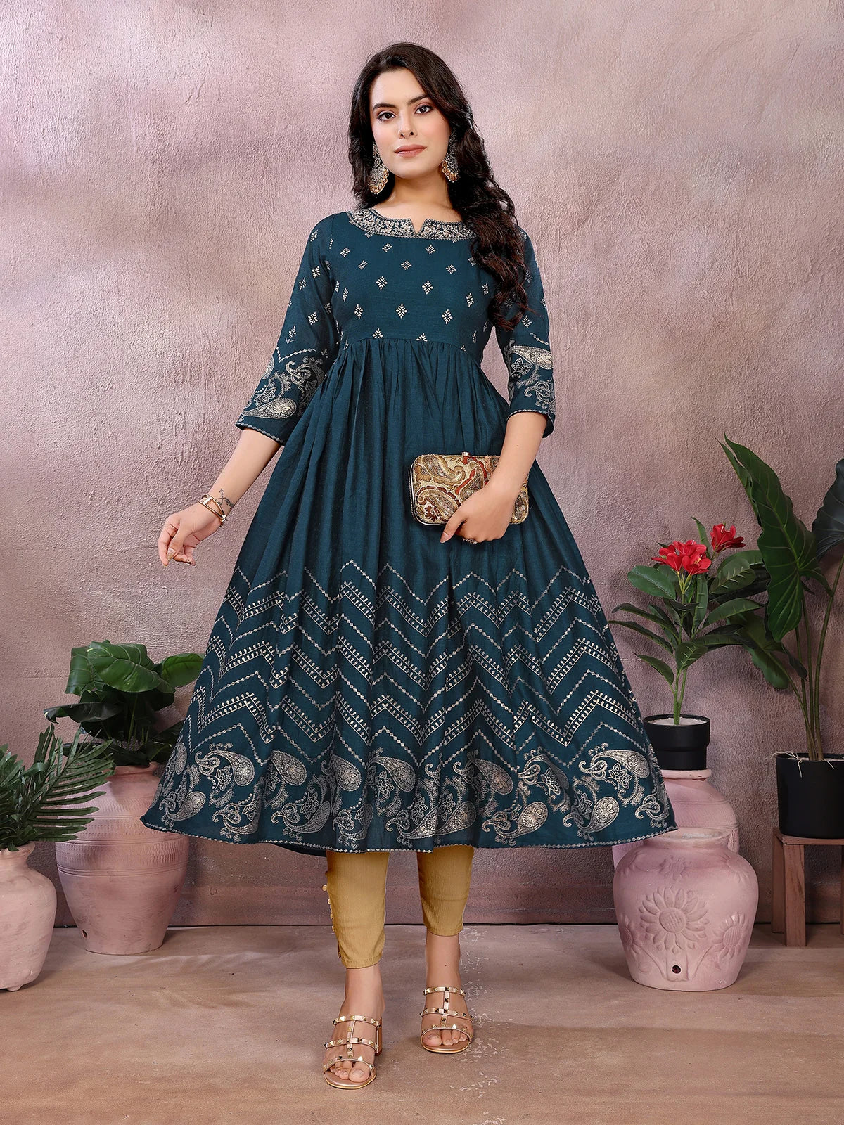 Buy Polyester Printed Anarkali Calf Length Kurta-Teal