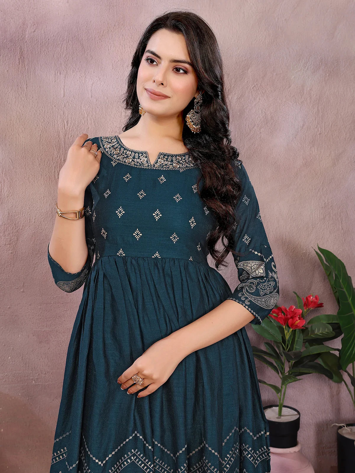 Buy Polyester Printed Anarkali Calf Length Kurta-Teal