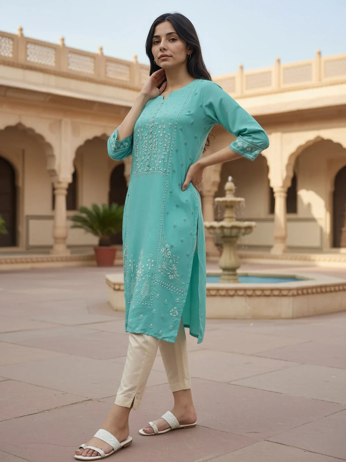 Buy Viscose Rayon Printed Straight Calf Length Kurta-Green