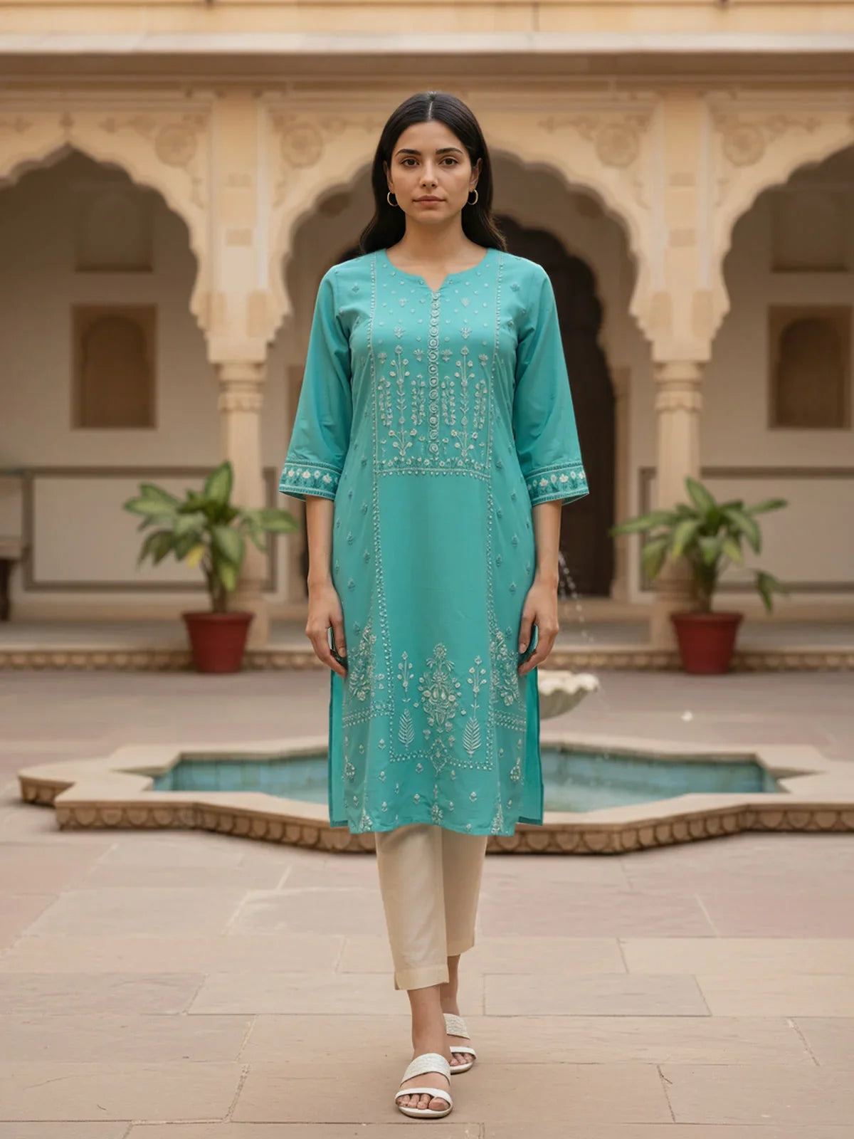Buy Viscose Rayon Printed Straight Calf Length Kurta-Green