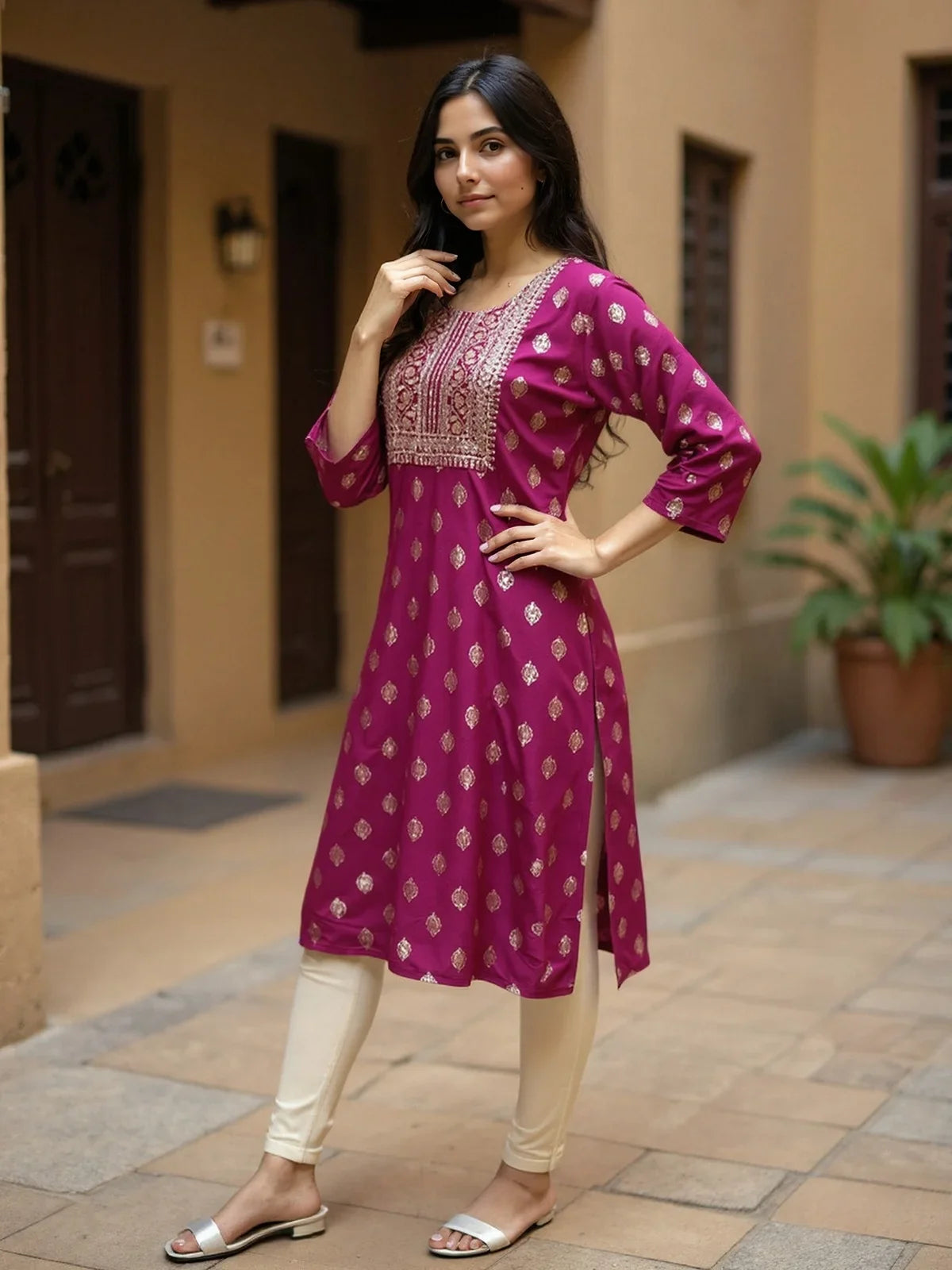 Buy Viscose Rayon Embroidered Straight Calf Length Kurta-Maroon