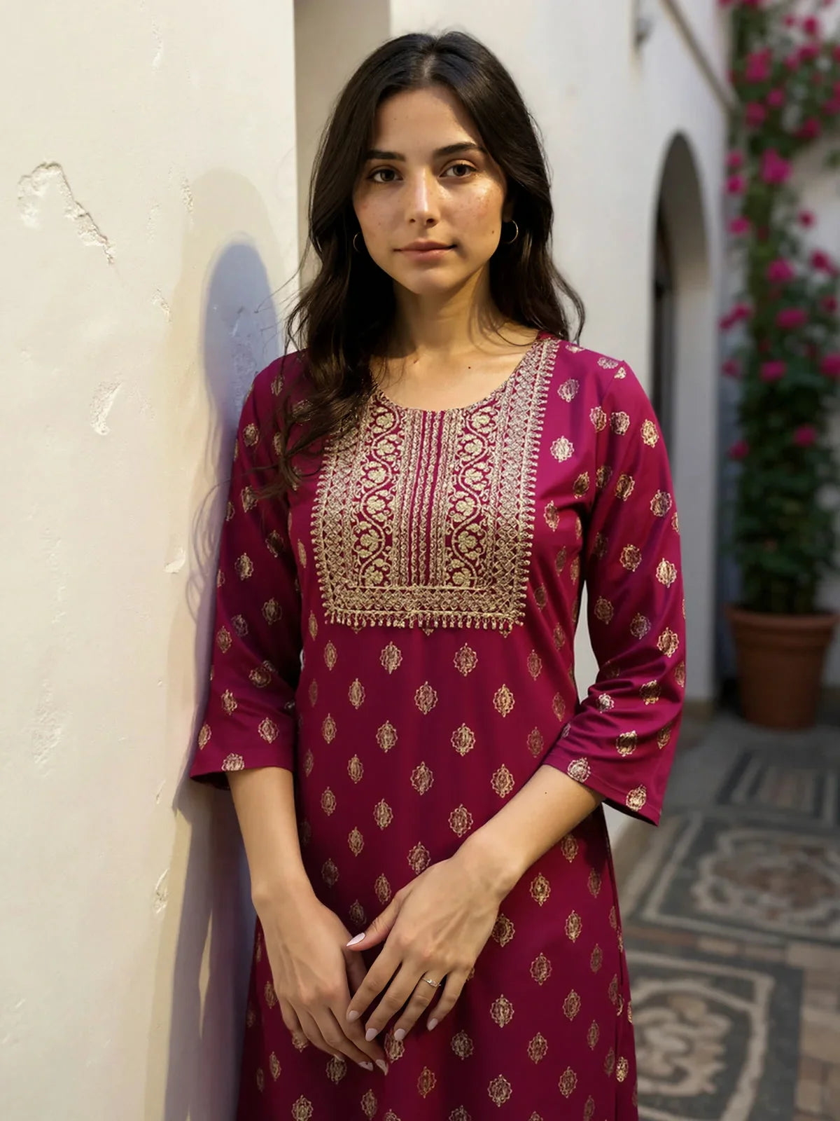 Buy Viscose Rayon Embroidered Straight Calf Length Kurta-Maroon