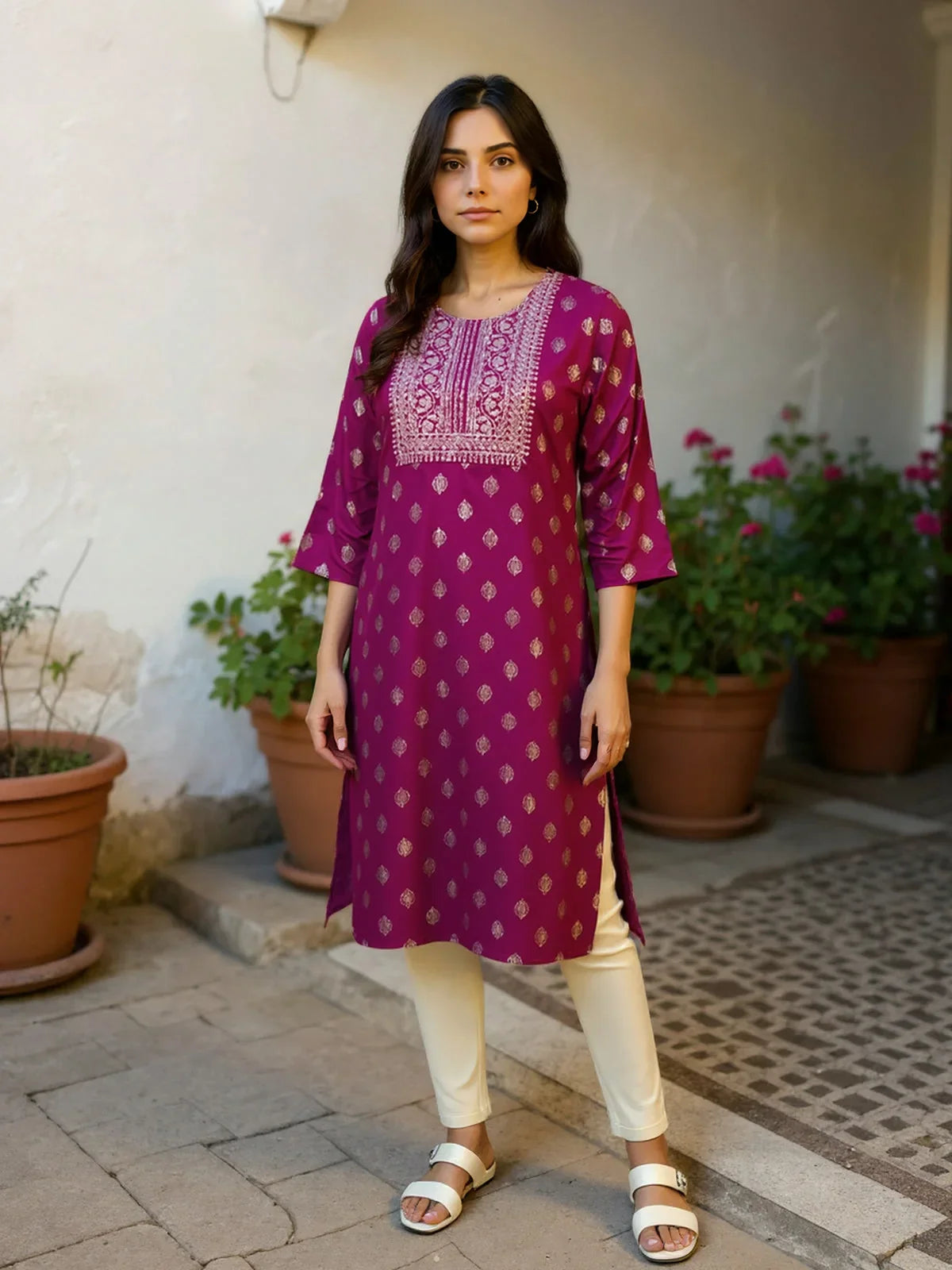 Buy Viscose Rayon Embroidered Straight Calf Length Kurta-Maroon