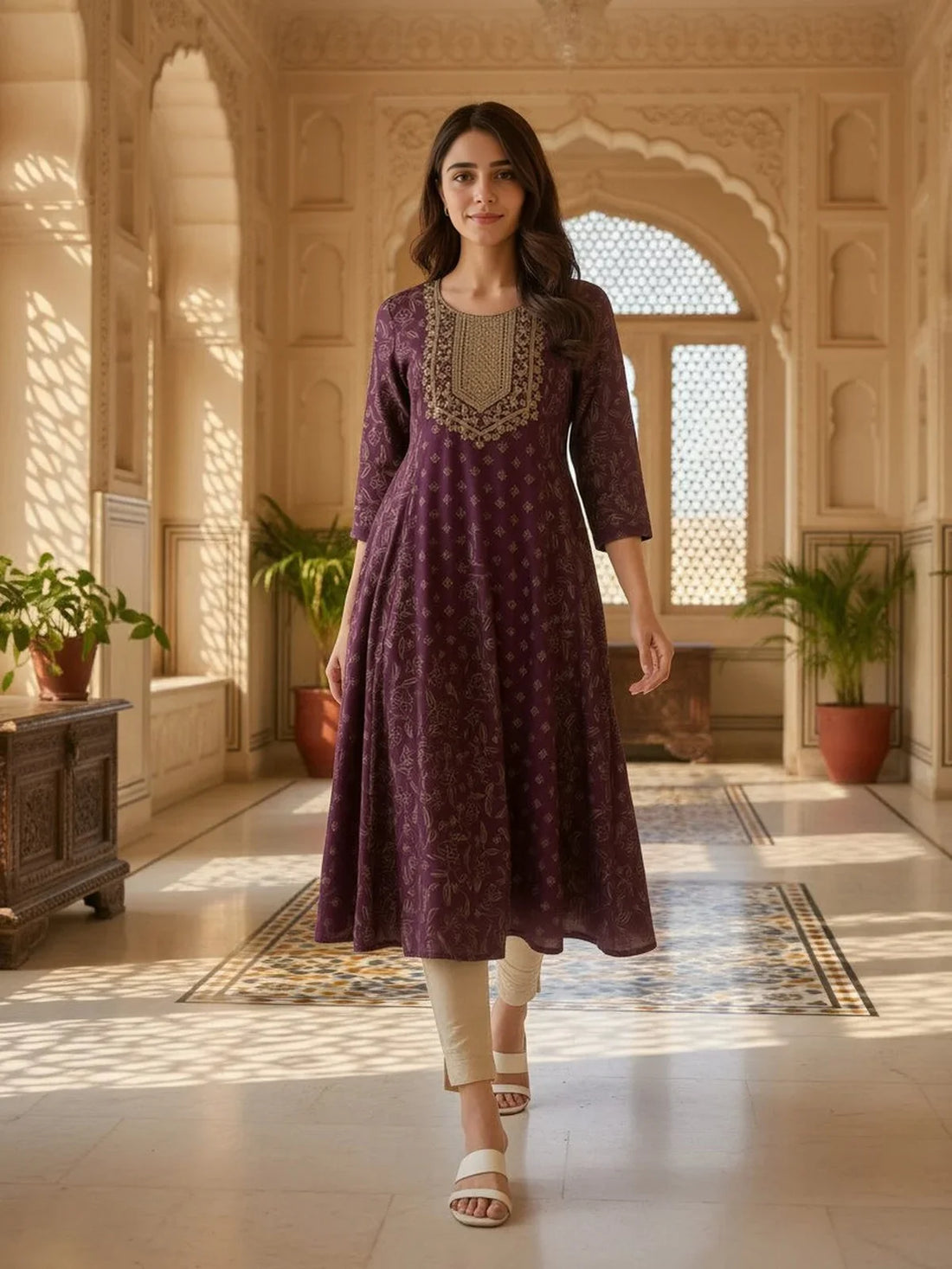 Buy Poly Viscose Embroidered Anarkali Calf Length Kurta-Maroon