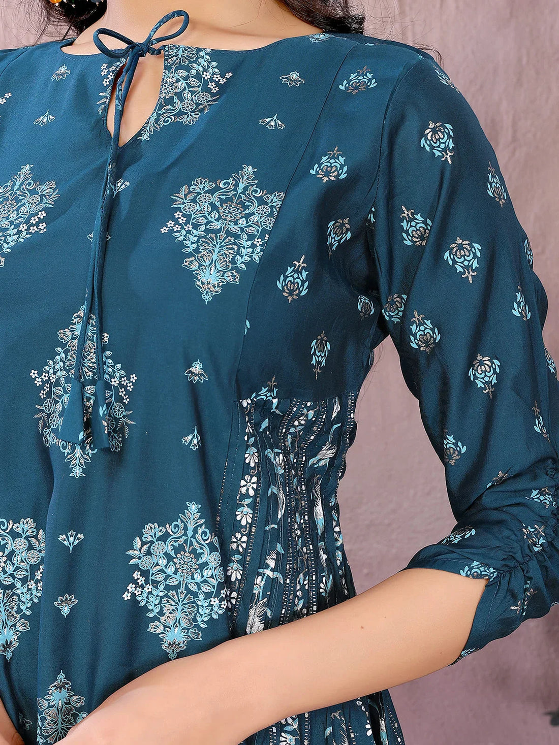 Buy Viscose Poly Printed Flared Calf Length Kurta-Teal