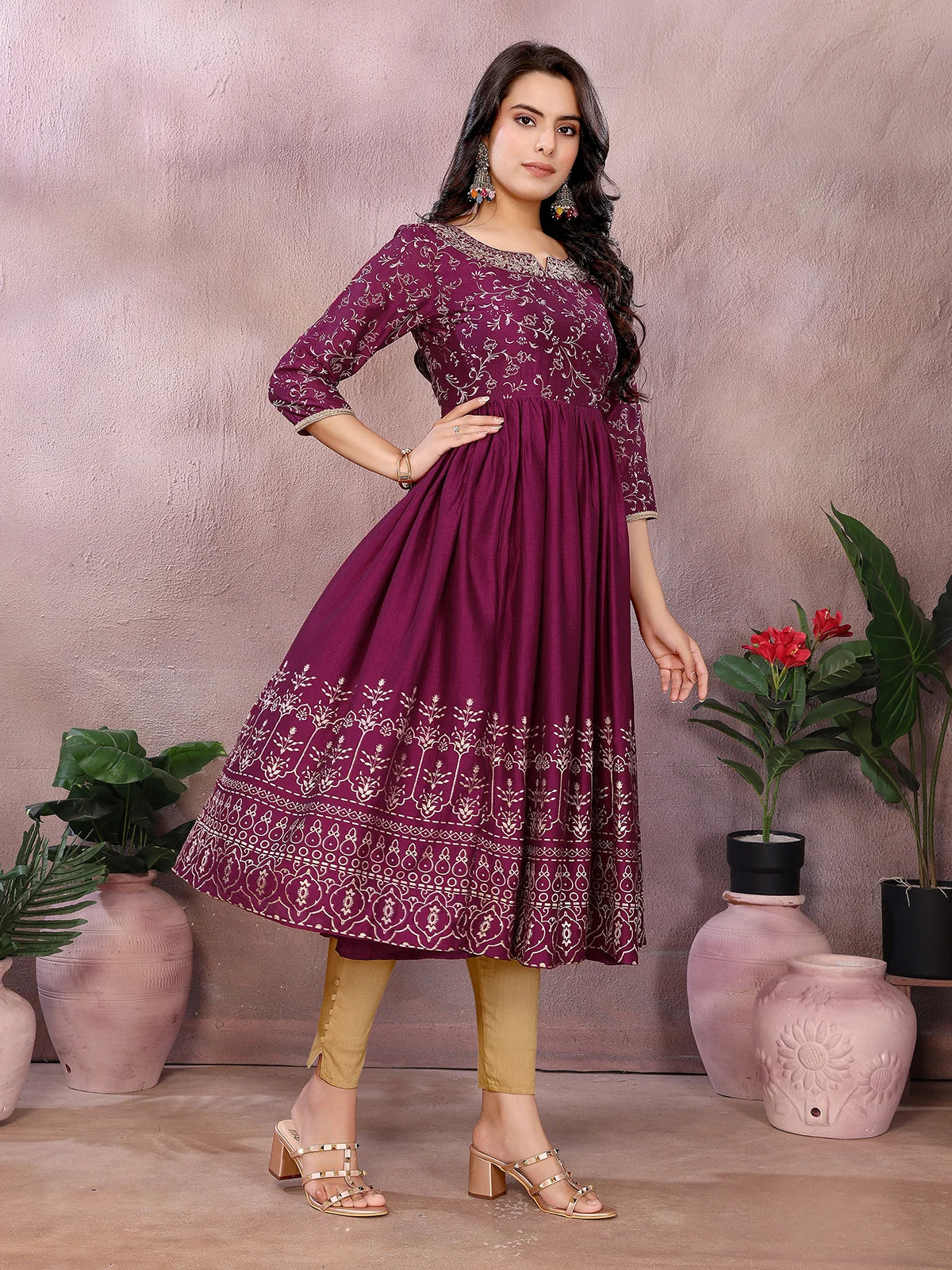 Buy Polyester Printed Anarkali Calf Length Kurta-Wine