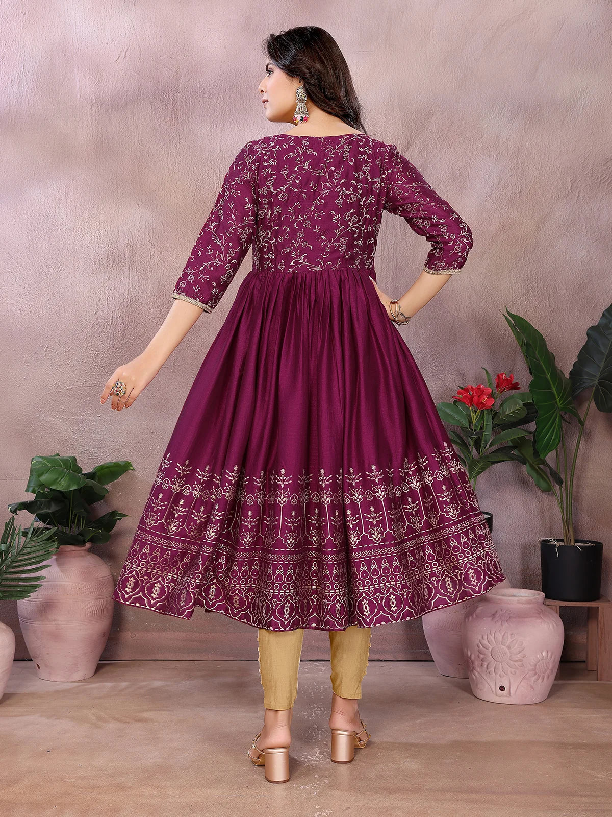 Buy Polyester Printed Anarkali Calf Length Kurta-Wine