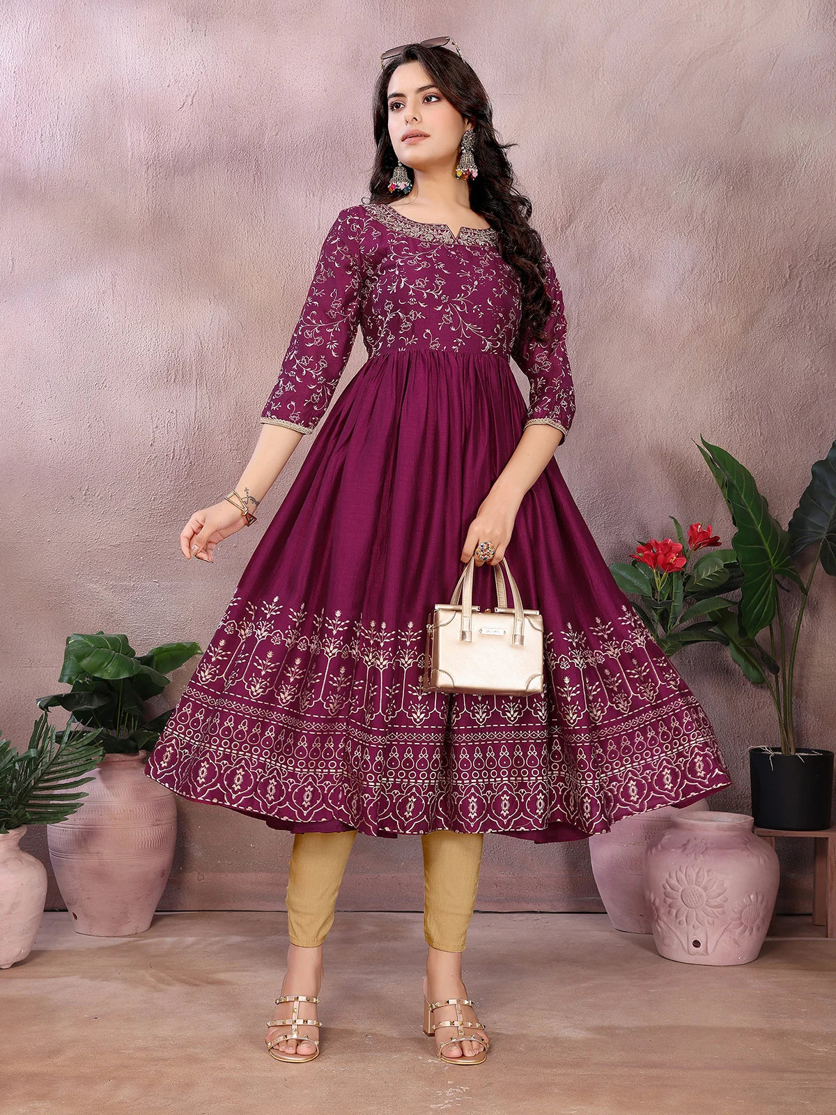 Buy Polyester Printed Anarkali Calf Length Kurta-Wine
