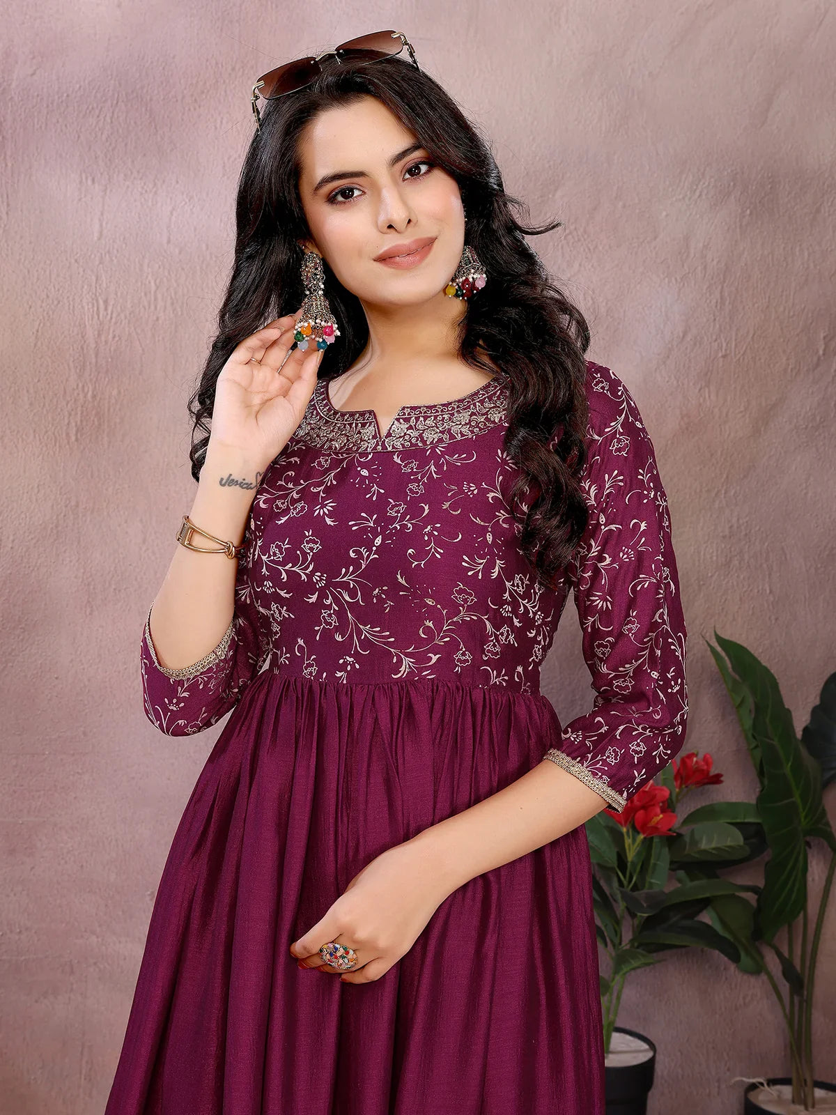 Buy Polyester Printed Anarkali Calf Length Kurta-Wine