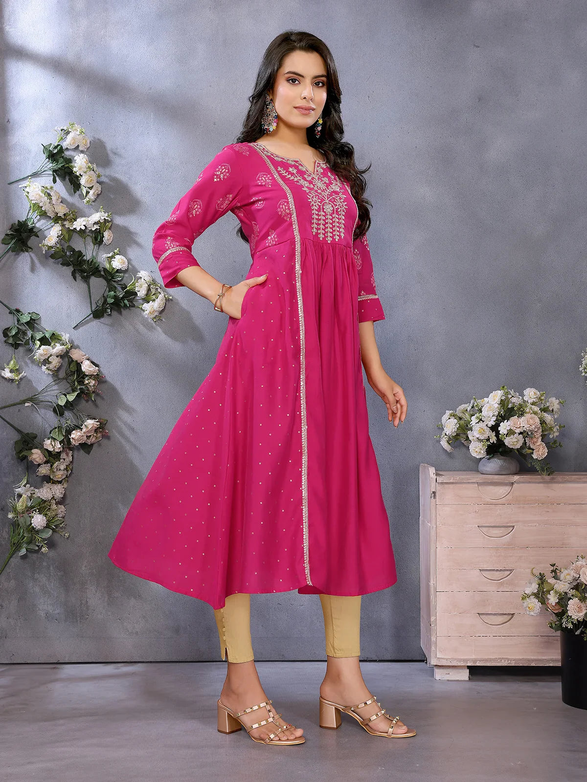Buy Viscose Poly Printed Flared Calf Length Kurta-Pink