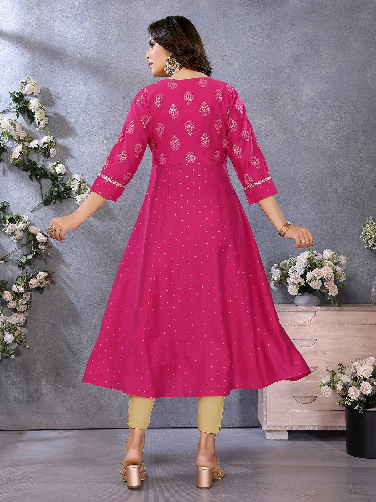 Buy Viscose Poly Printed Flared Calf Length Kurta-Pink