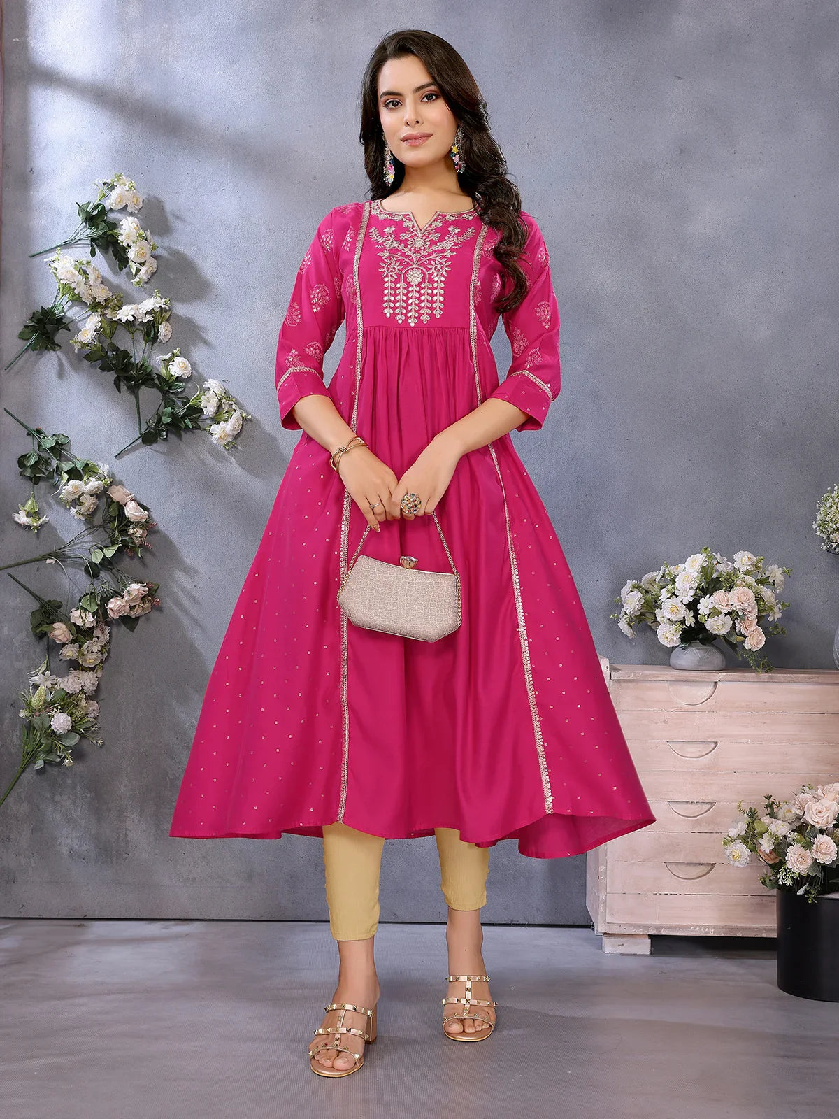 Buy Viscose Poly Printed Flared Calf Length Kurta-Pink