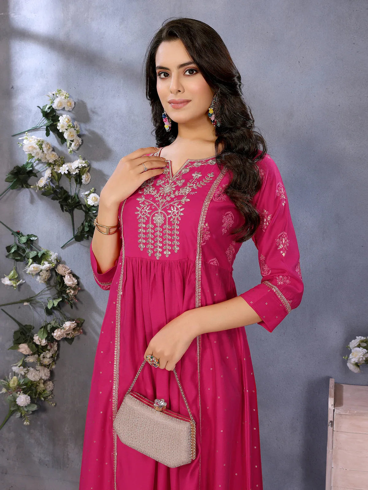 Buy Viscose Poly Printed Flared Calf Length Kurta-Pink