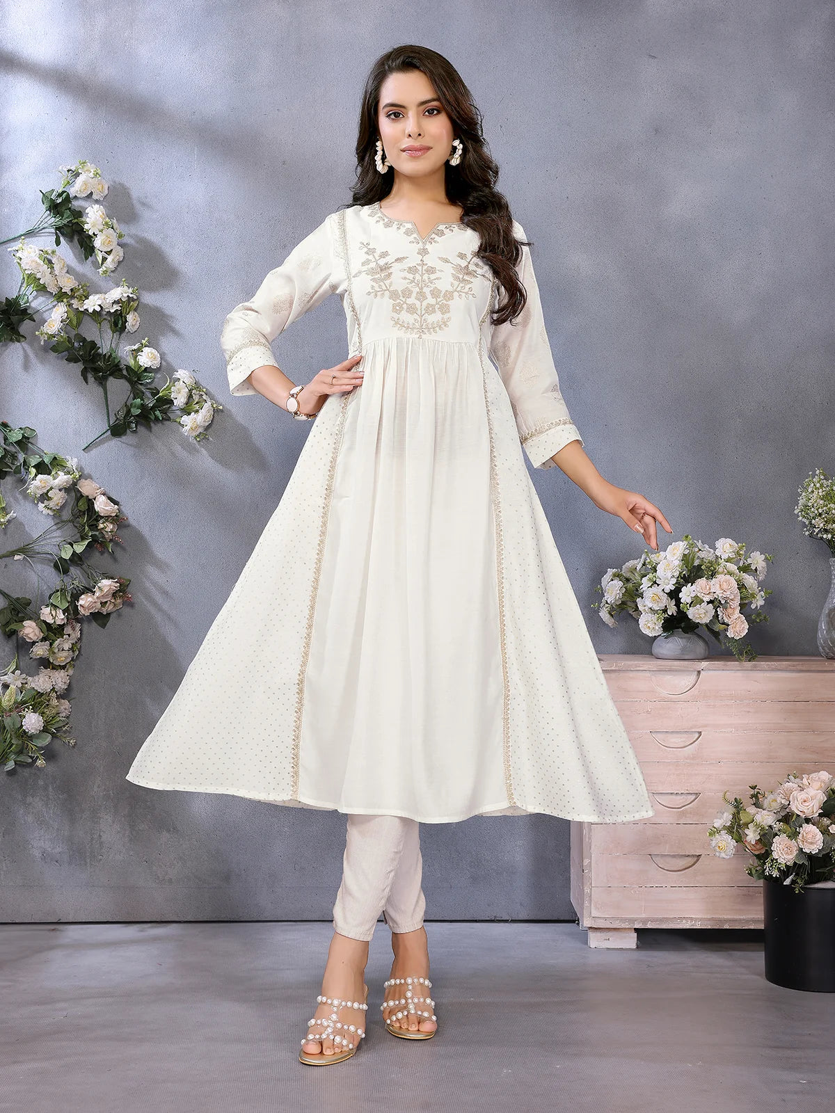 Buy Viscose Poly Printed Flared Calf Length Kurta-Off White