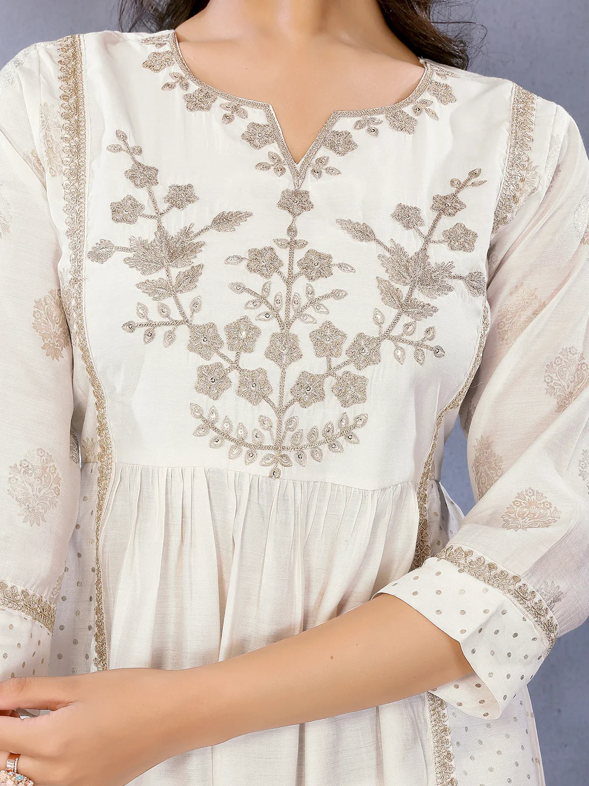 Buy Viscose Poly Printed Flared Calf Length Kurta-Off White