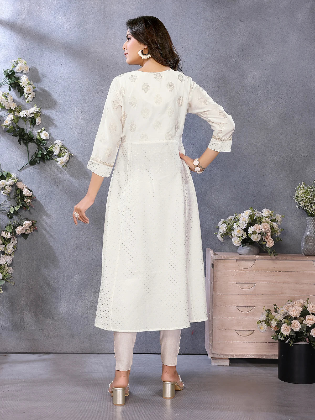 Buy Viscose Poly Printed Flared Calf Length Kurta-Off White