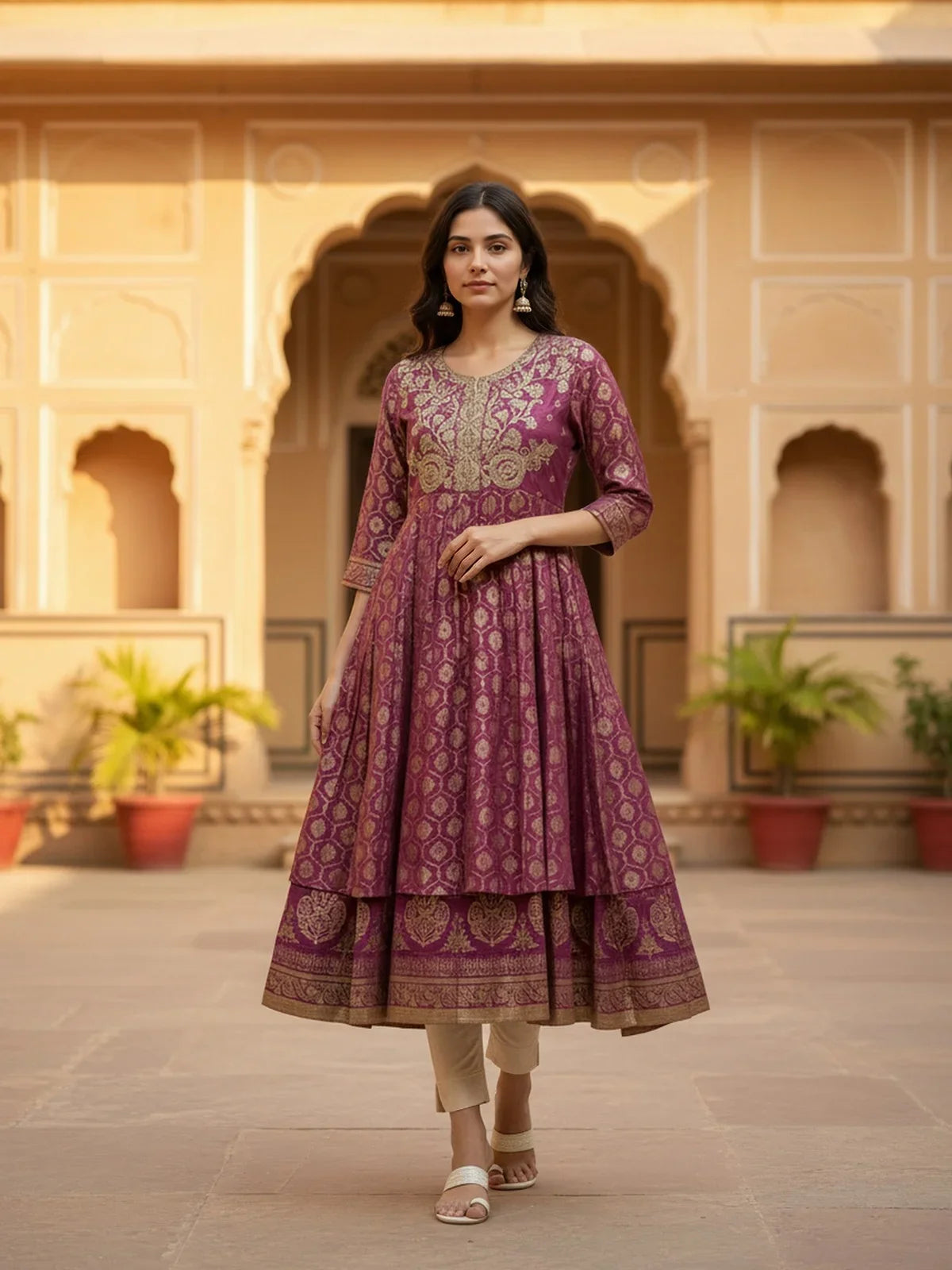 Buy Poly Viscose Embroidered Anarkali Calf Length Kurta-Purple