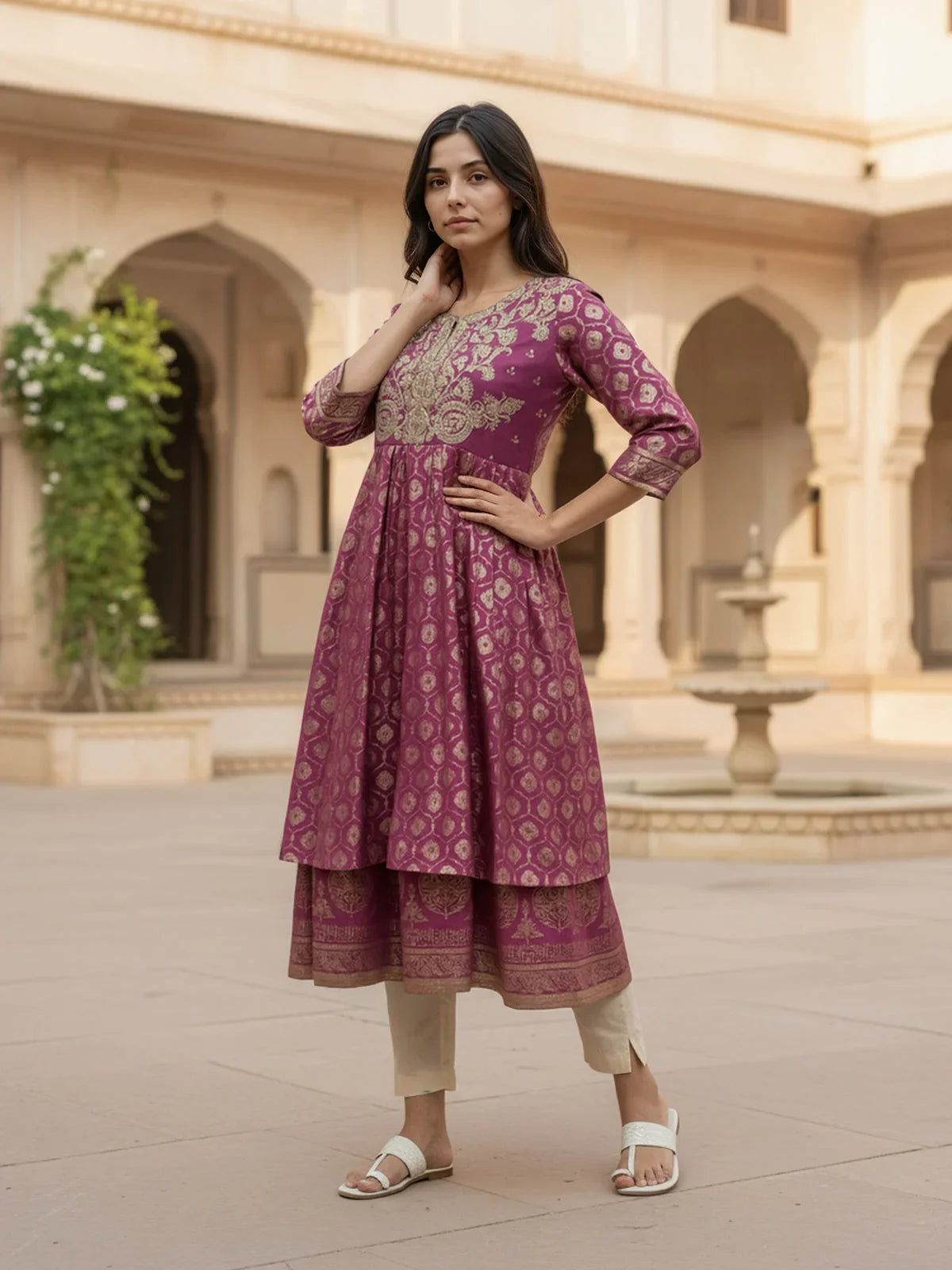 Buy Poly Viscose Embroidered Anarkali Calf Length Kurta-Purple
