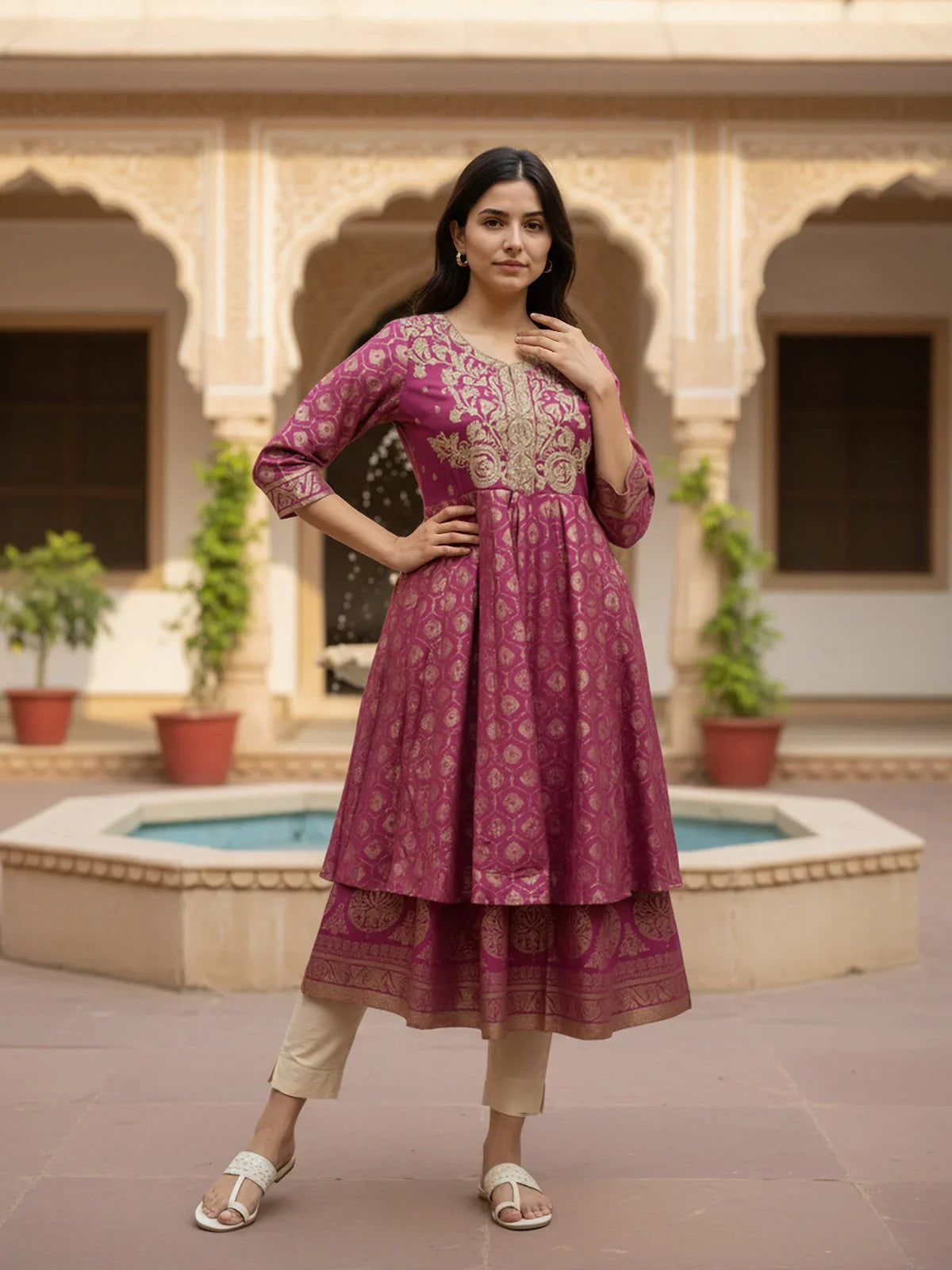 Buy Poly Viscose Embroidered Anarkali Calf Length Kurta-Purple