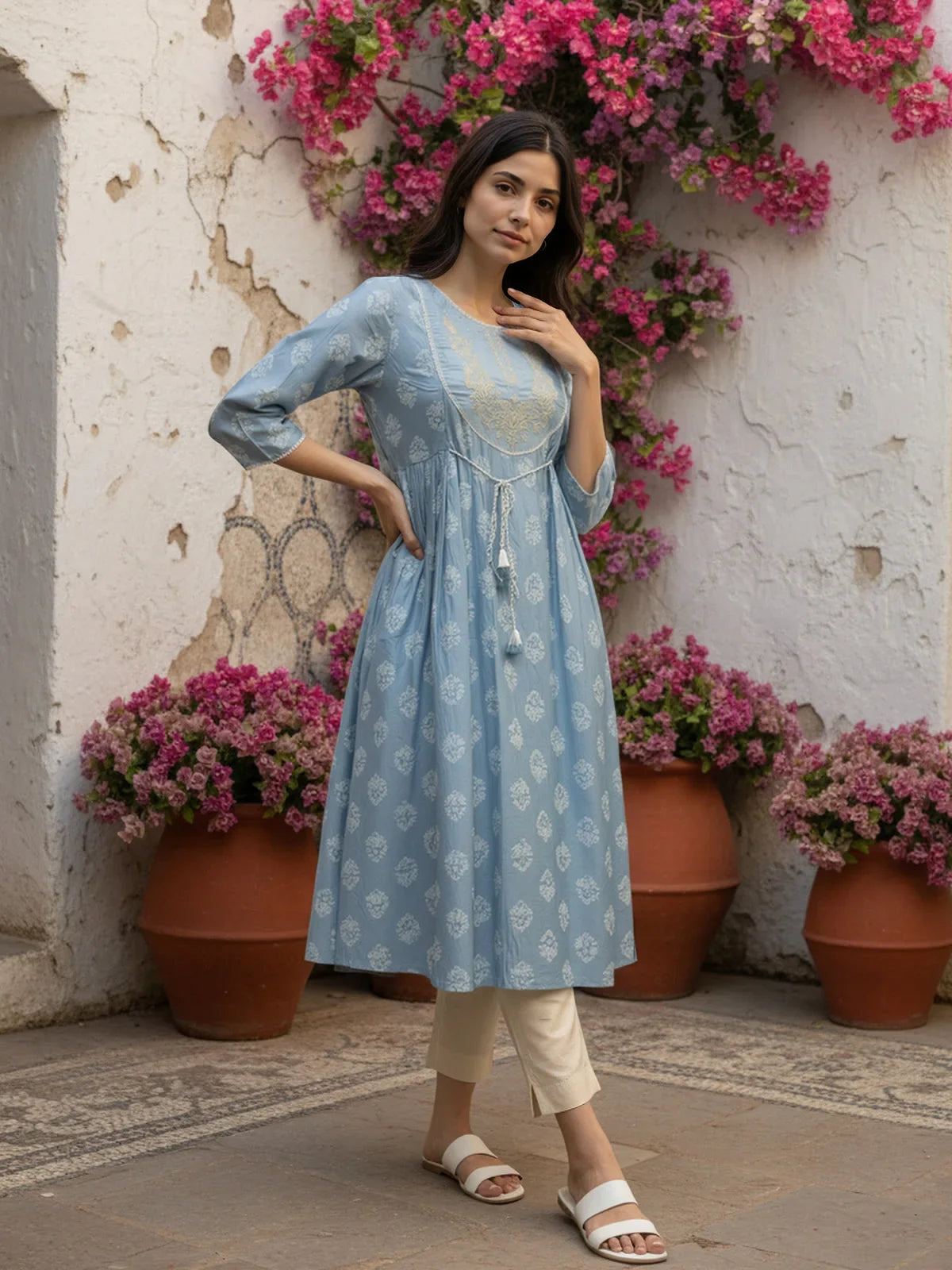 Buy Poly Viscose Embroidered Flared Calf Length Kurta-Light Blue