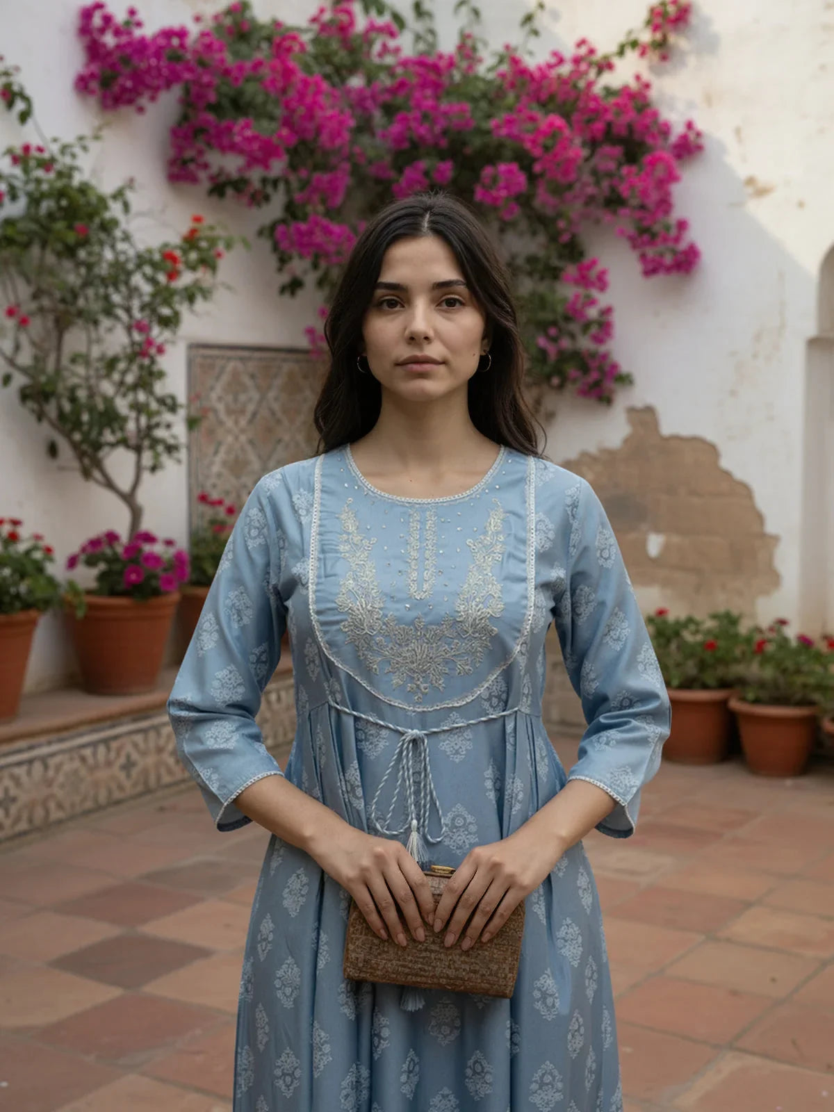 Buy Poly Viscose Embroidered Flared Calf Length Kurta-Light Blue