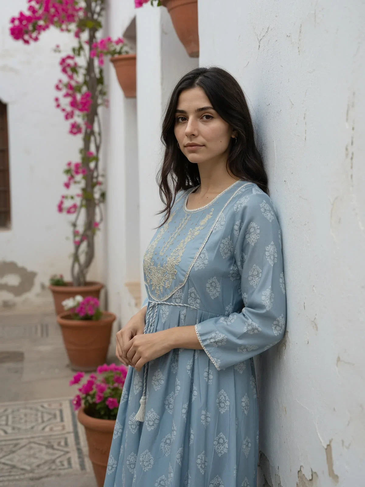 Buy Poly Viscose Embroidered Flared Calf Length Kurta-Light Blue