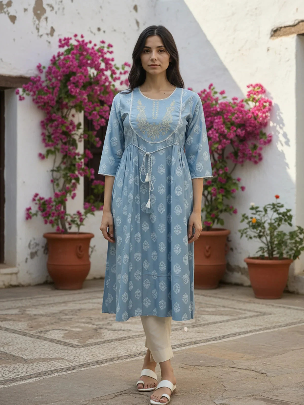 Buy Poly Viscose Embroidered Flared Calf Length Kurta-Light Blue