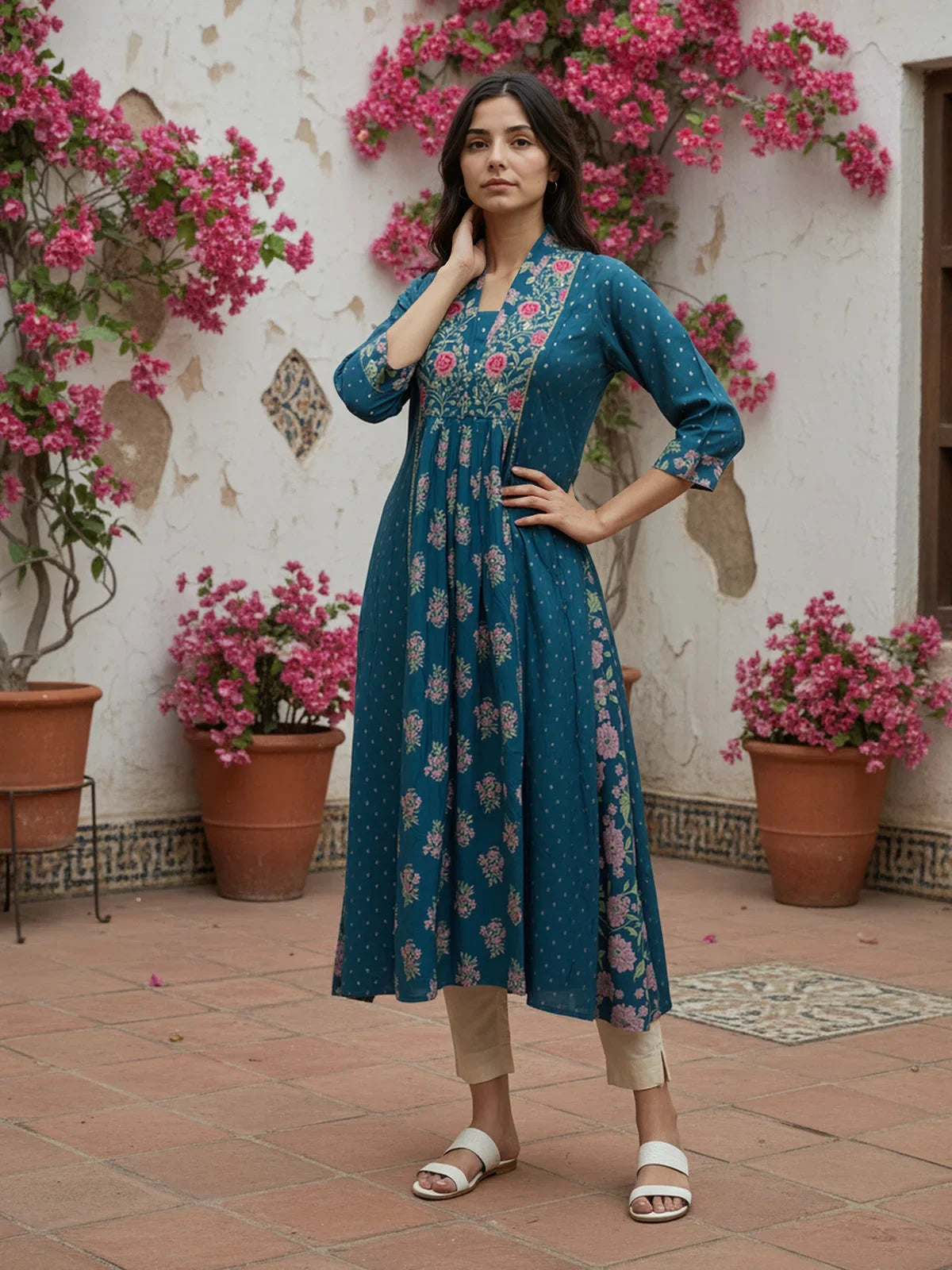 Buy Poly Viscose Embroidered Anarkali Calf Length Kurta-Blue