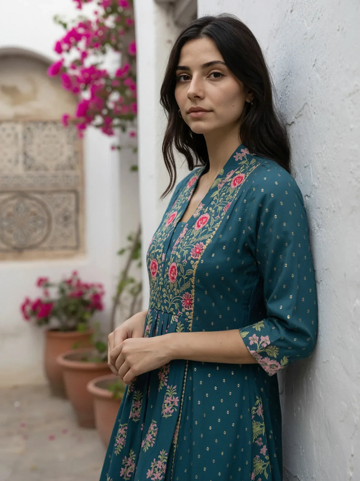 Buy Poly Viscose Embroidered Anarkali Calf Length Kurta-Blue