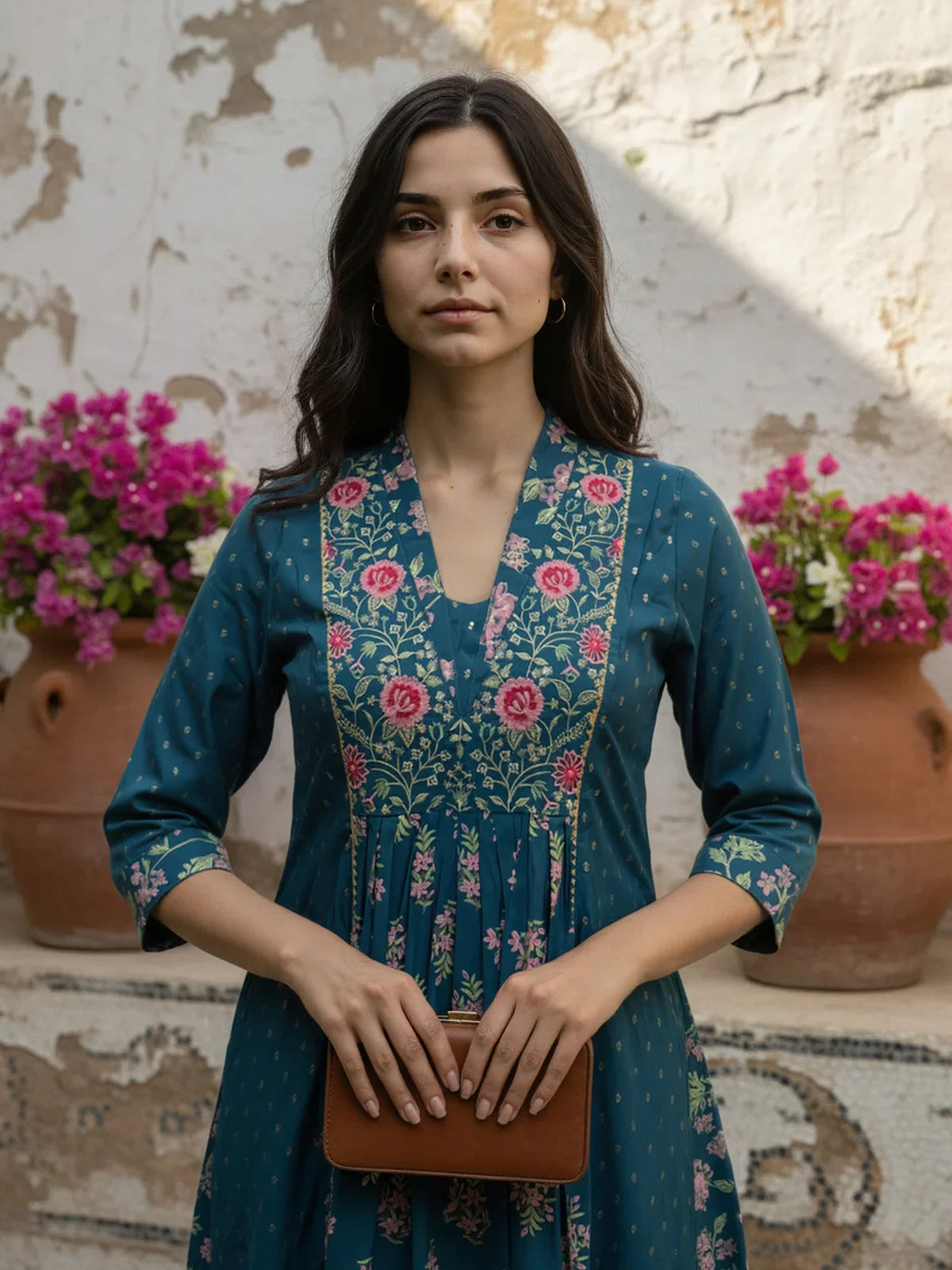 Buy Poly Viscose Embroidered Anarkali Calf Length Kurta-Blue