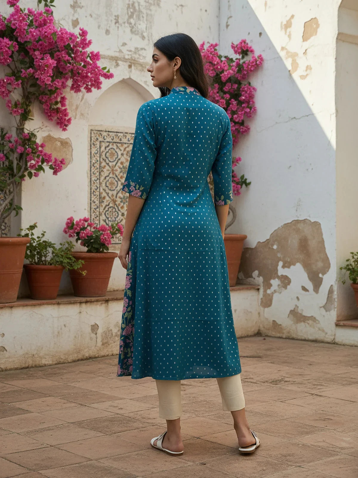 Buy Poly Viscose Embroidered Anarkali Calf Length Kurta-Blue