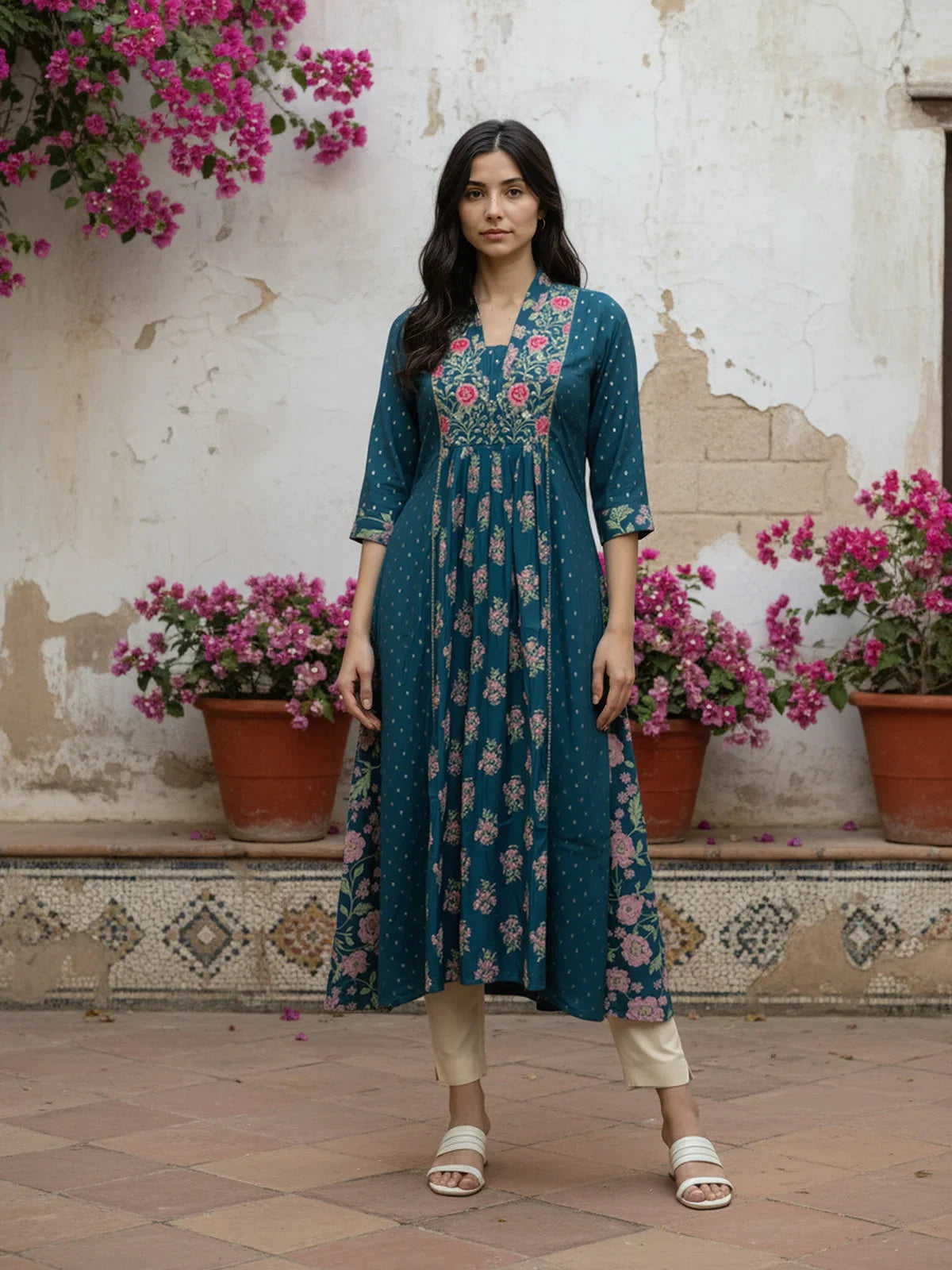 Buy Poly Viscose Embroidered Anarkali Calf Length Kurta-Blue