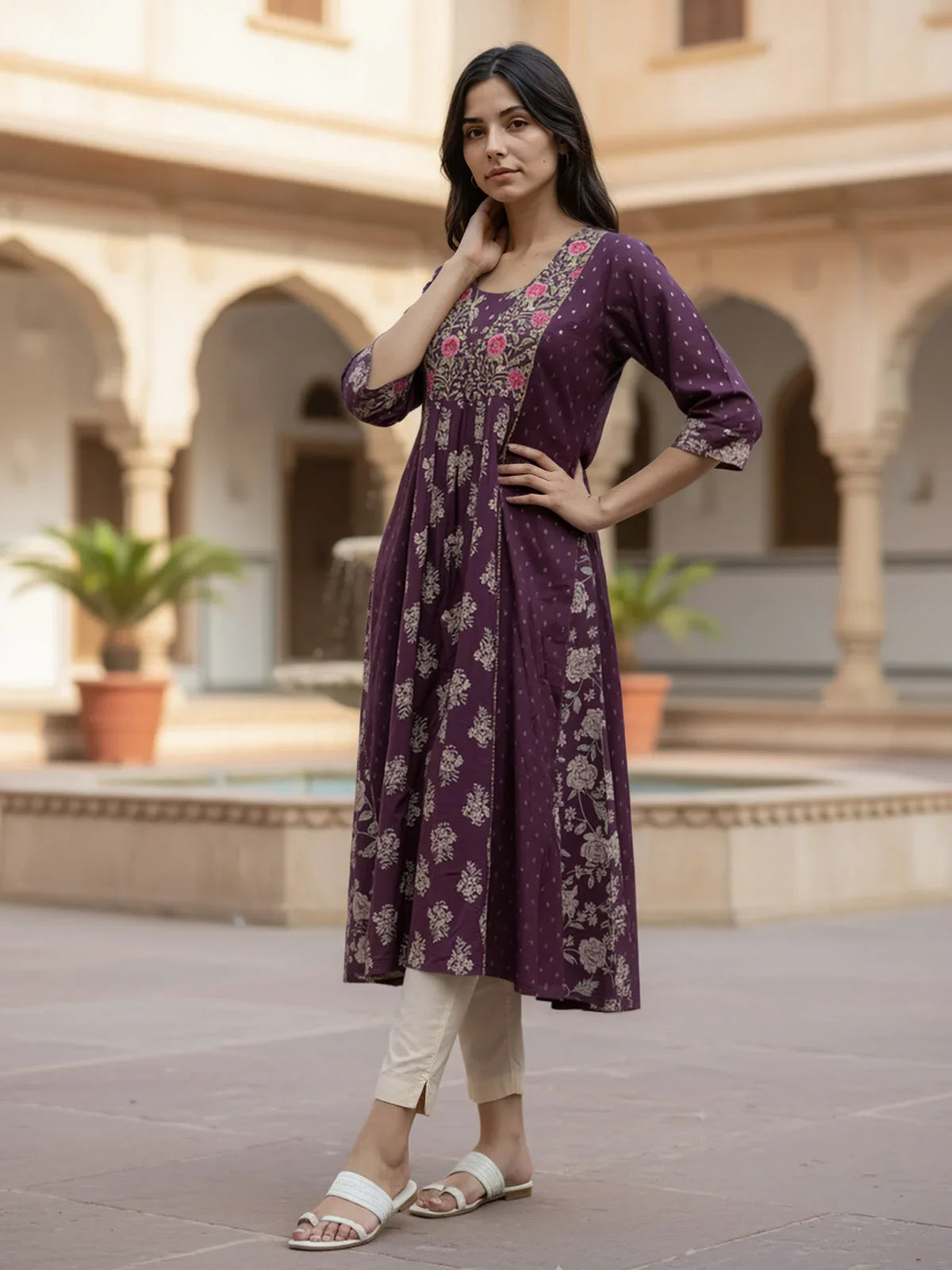 Buy Poly Viscose Embroidered Anarkali Calf Length Kurta-Wine