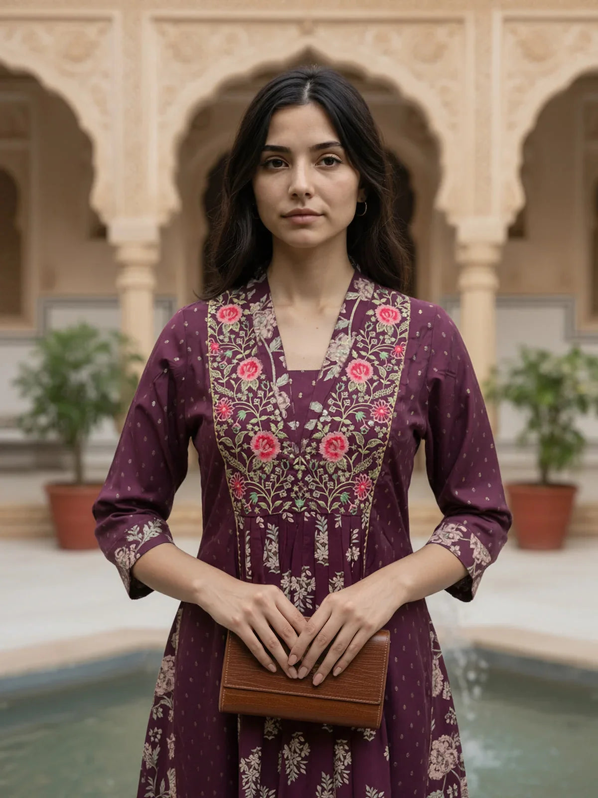 Buy Poly Viscose Embroidered Anarkali Calf Length Kurta-Wine