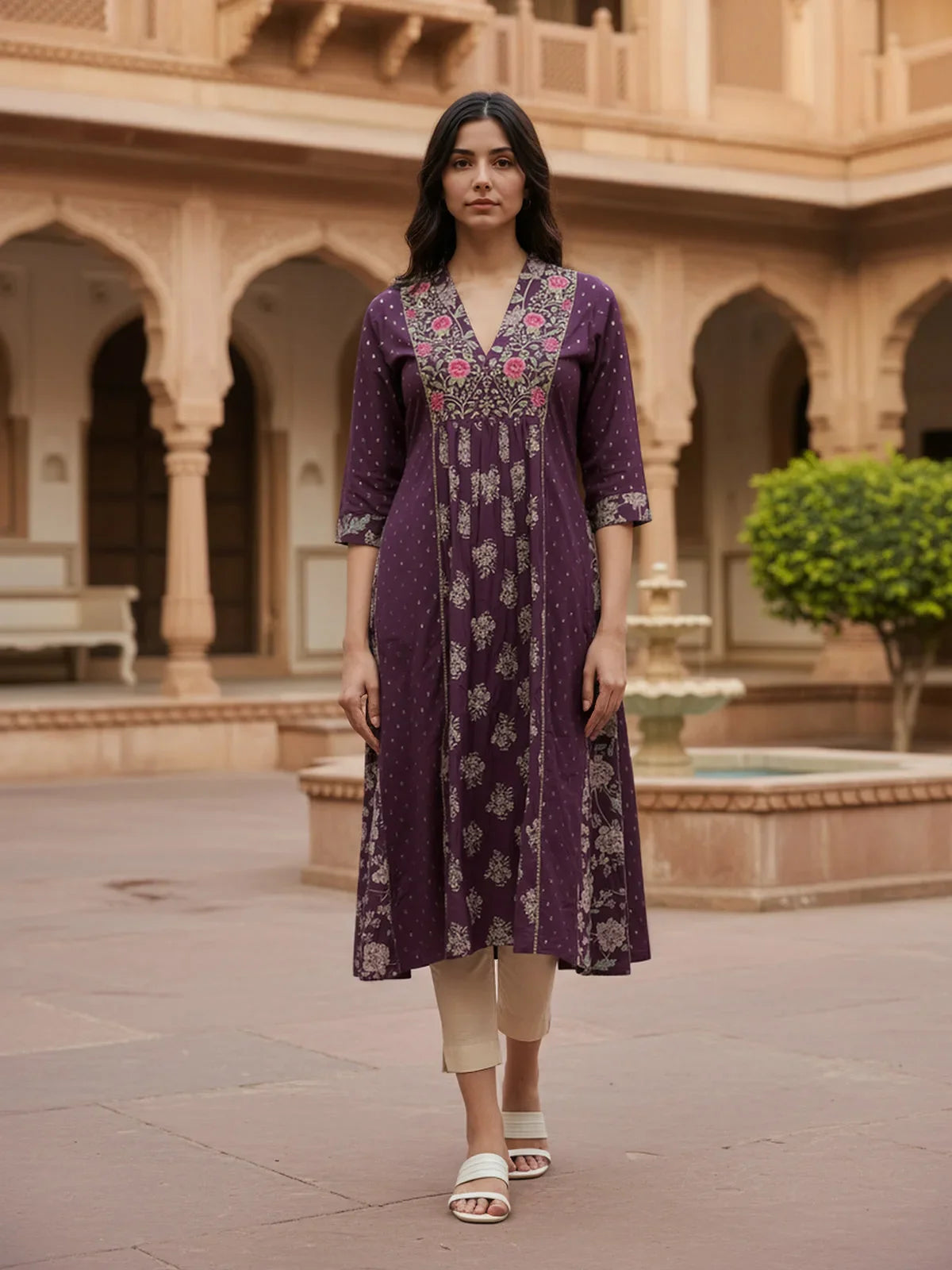 Buy Poly Viscose Embroidered Anarkali Calf Length Kurta-Wine