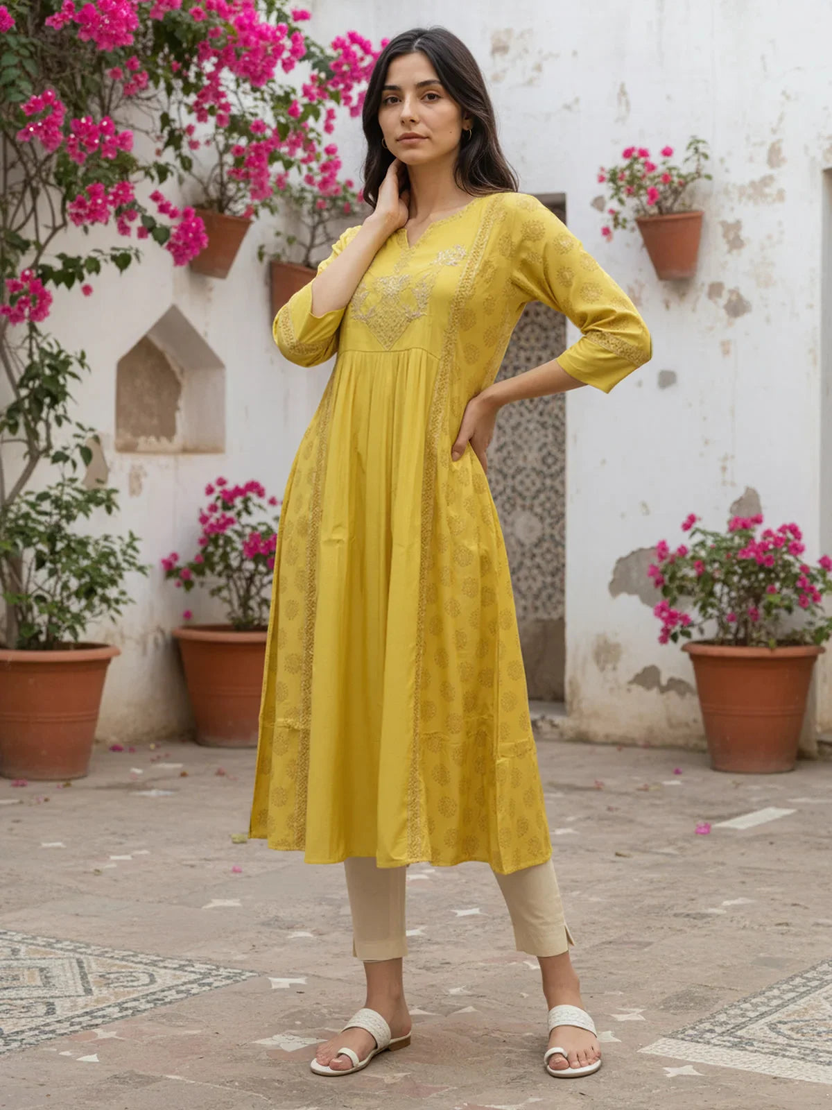 Buy Poly Viscose Embroidered Anarkali Calf Length Kurta-Mustard