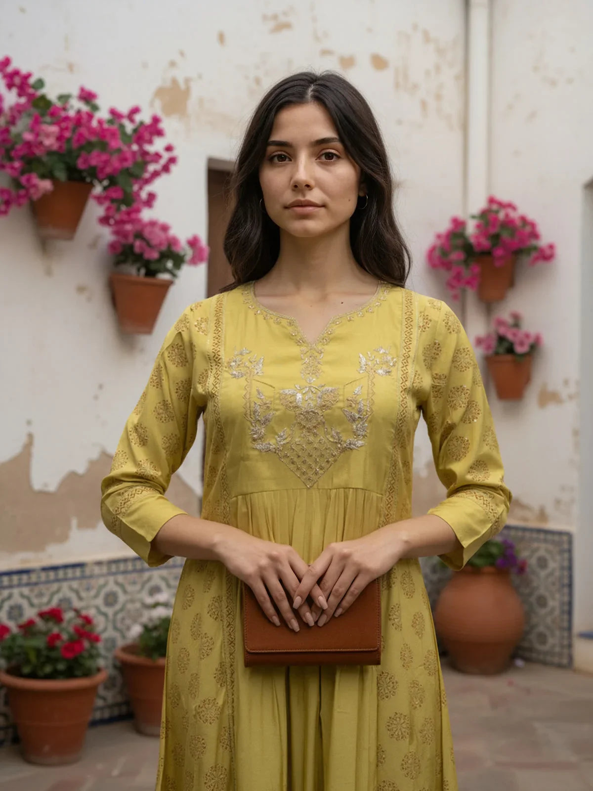 Buy Poly Viscose Embroidered Anarkali Calf Length Kurta-Mustard