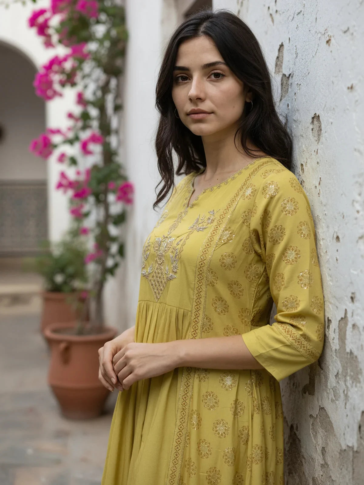 Buy Poly Viscose Embroidered Anarkali Calf Length Kurta-Mustard