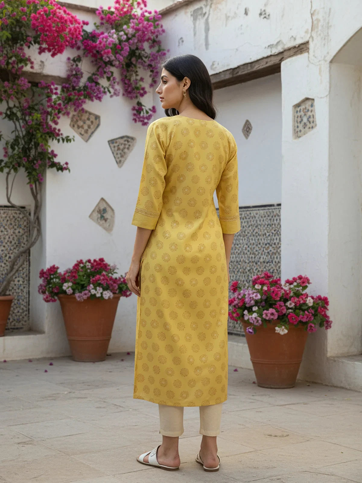 Buy Poly Viscose Embroidered Anarkali Calf Length Kurta-Mustard