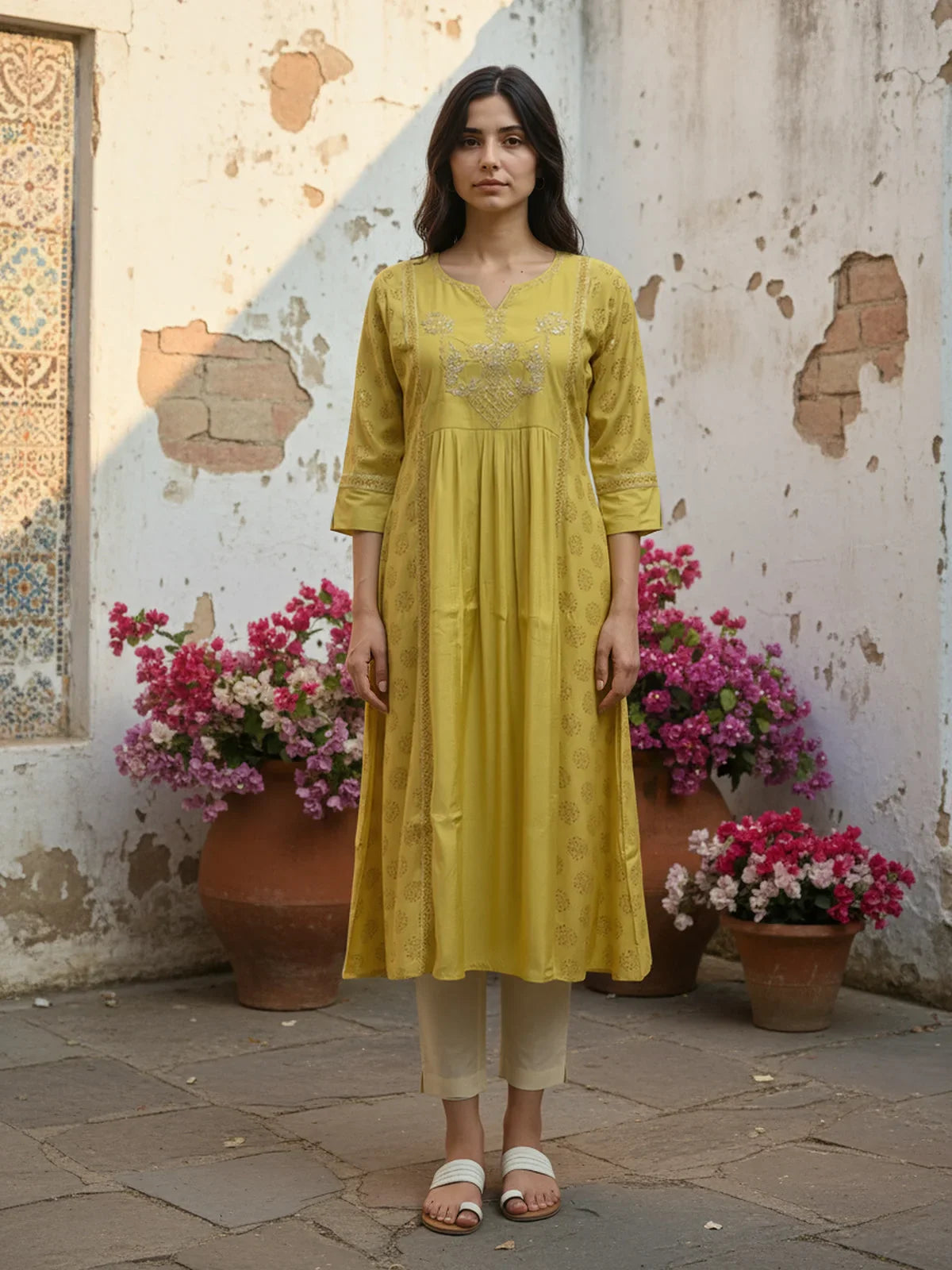 Buy Poly Viscose Embroidered Anarkali Calf Length Kurta-Mustard