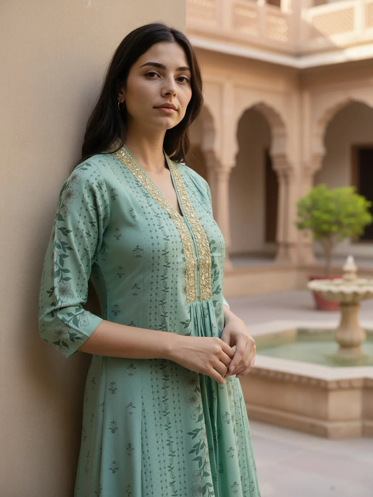 Buy Viscose Poly Embroidered Flared Calf Length Kurta-Green