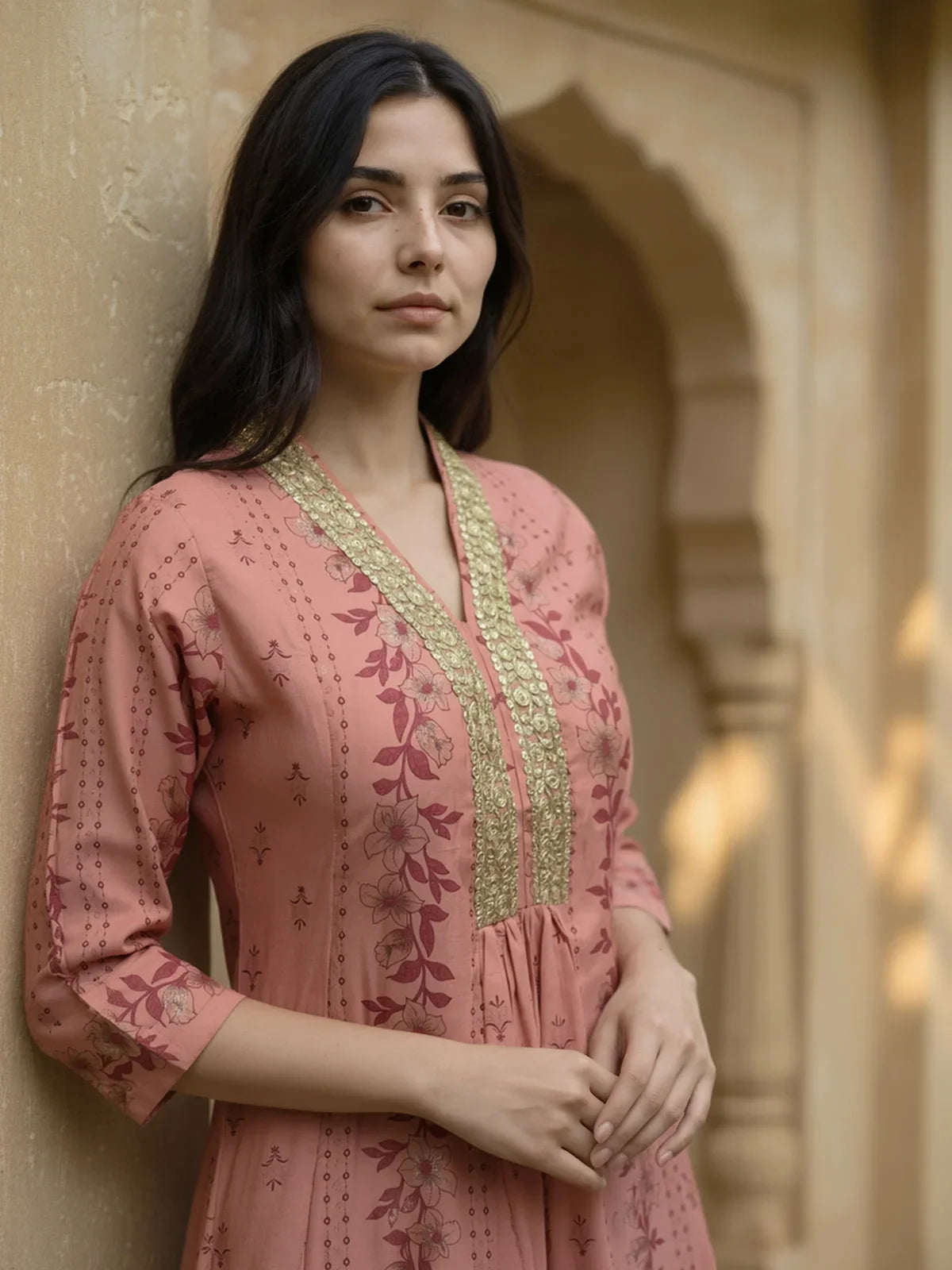 Buy Viscose Poly Embroidered Flared Calf Length Kurta-Peach