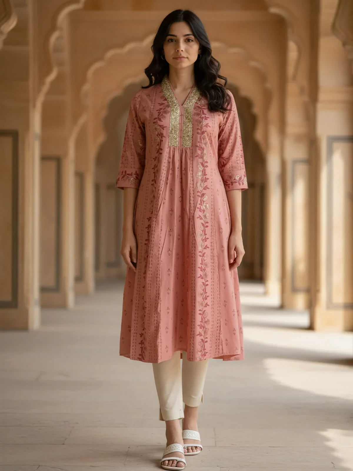 Buy Viscose Poly Embroidered Flared Calf Length Kurta-Peach