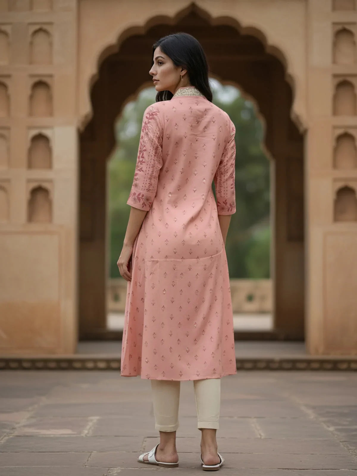 Buy Viscose Poly Embroidered Flared Calf Length Kurta-Peach
