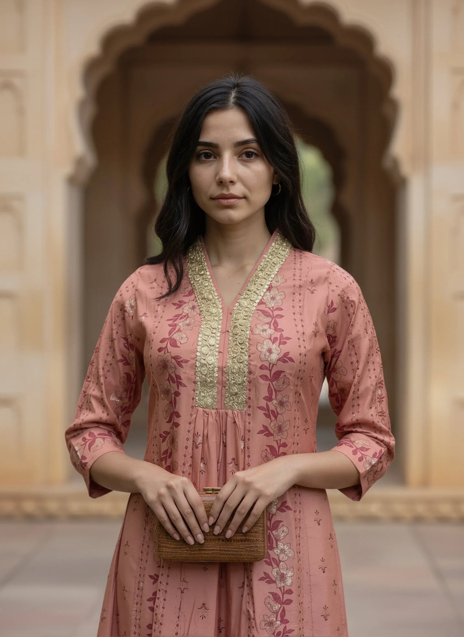 Buy Viscose Poly Embroidered Flared Calf Length Kurta-Peach