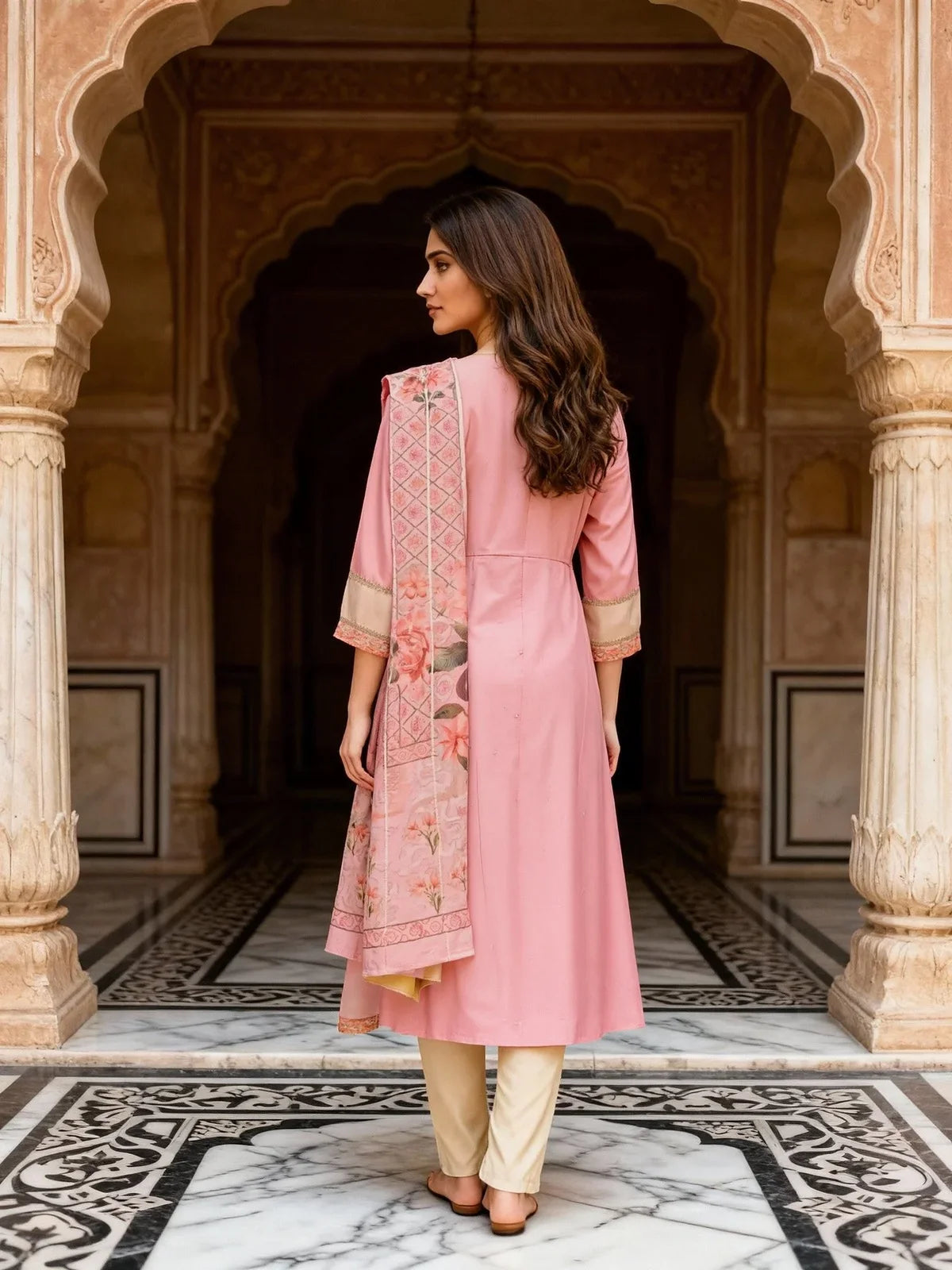 Buy Poly Viscose Embroidered Anarkali Calf Length Kurta and Pant with Dupatta-Pink