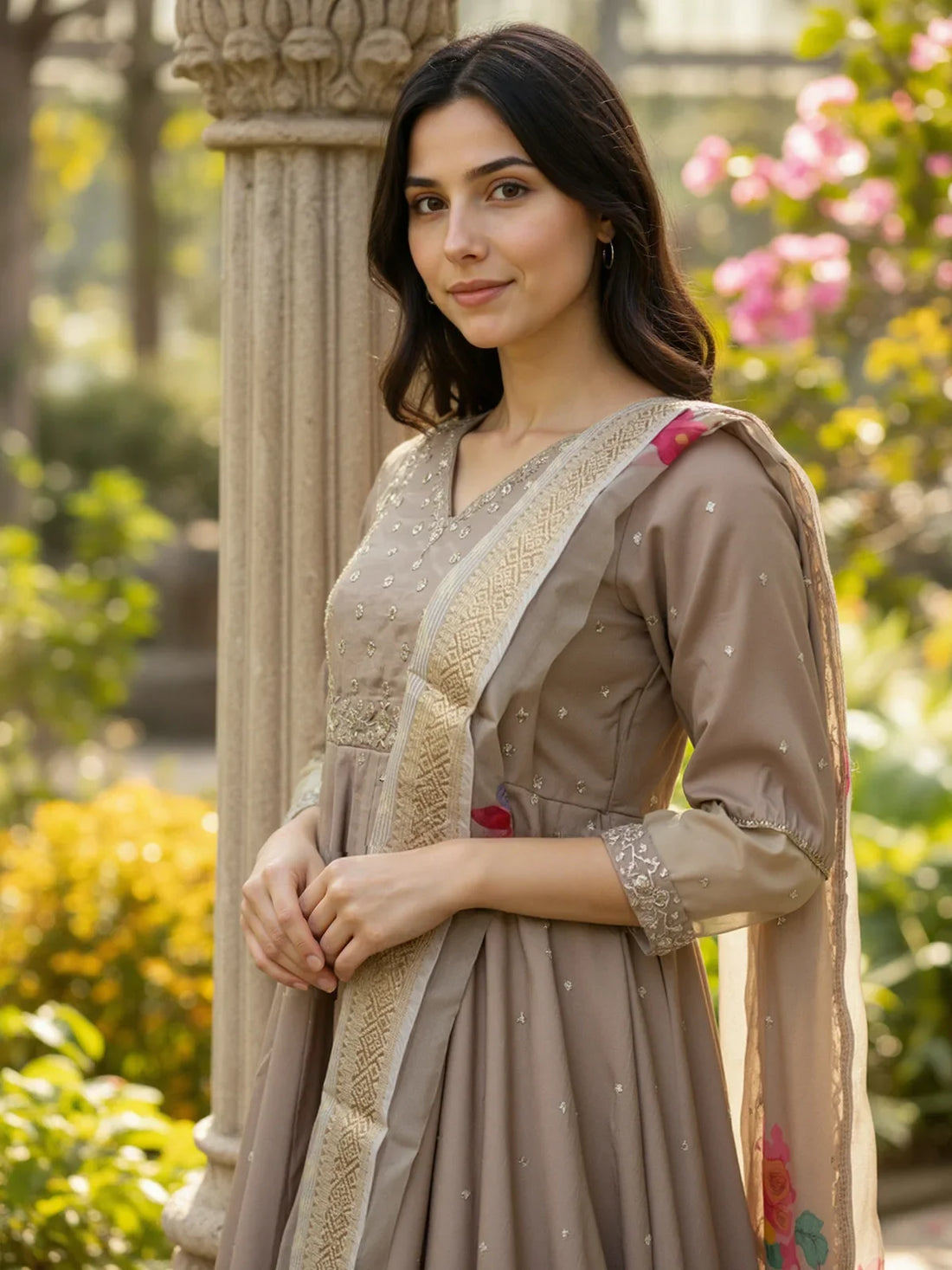 Buy Poly Viscose Embroidered Anarkali Calf Length Kurta with Pant and Dupatta-Beige