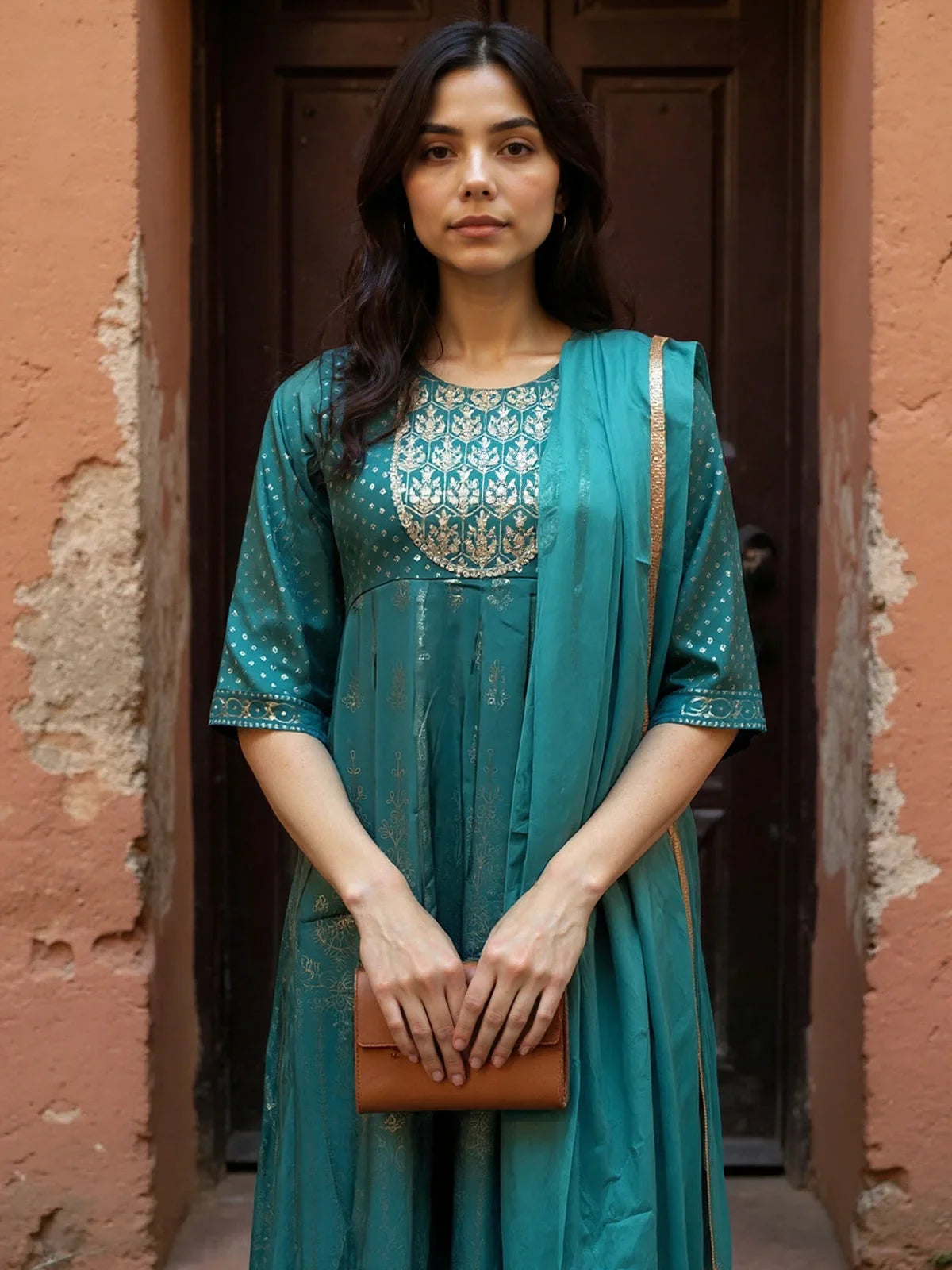 Buy Poly Viscose Embroidered Anarkali Calf Length Kurta with Pant and Dupatta-Teal
